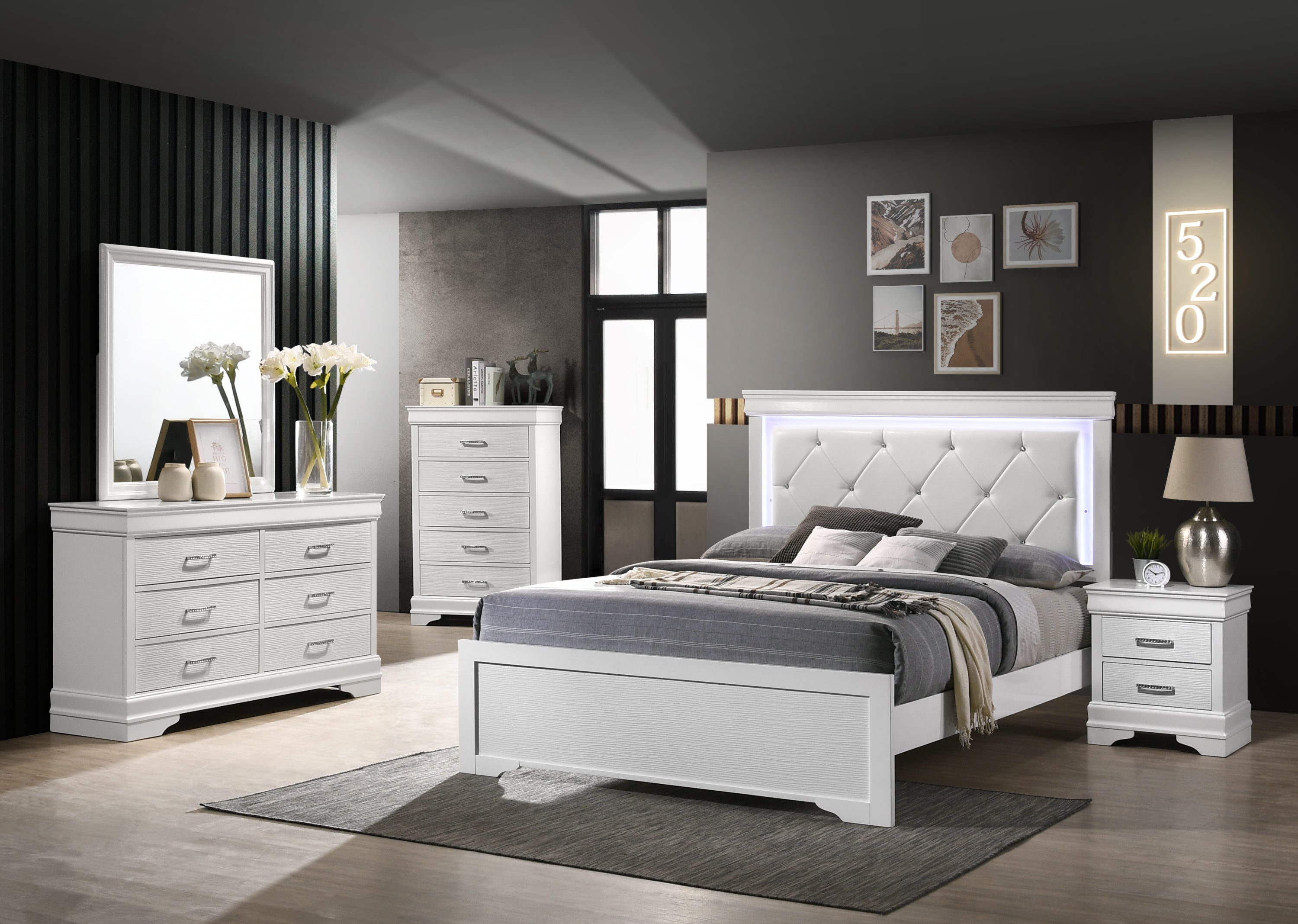 White Queen 5-Pc Tufted LED Wood Bedroom Set