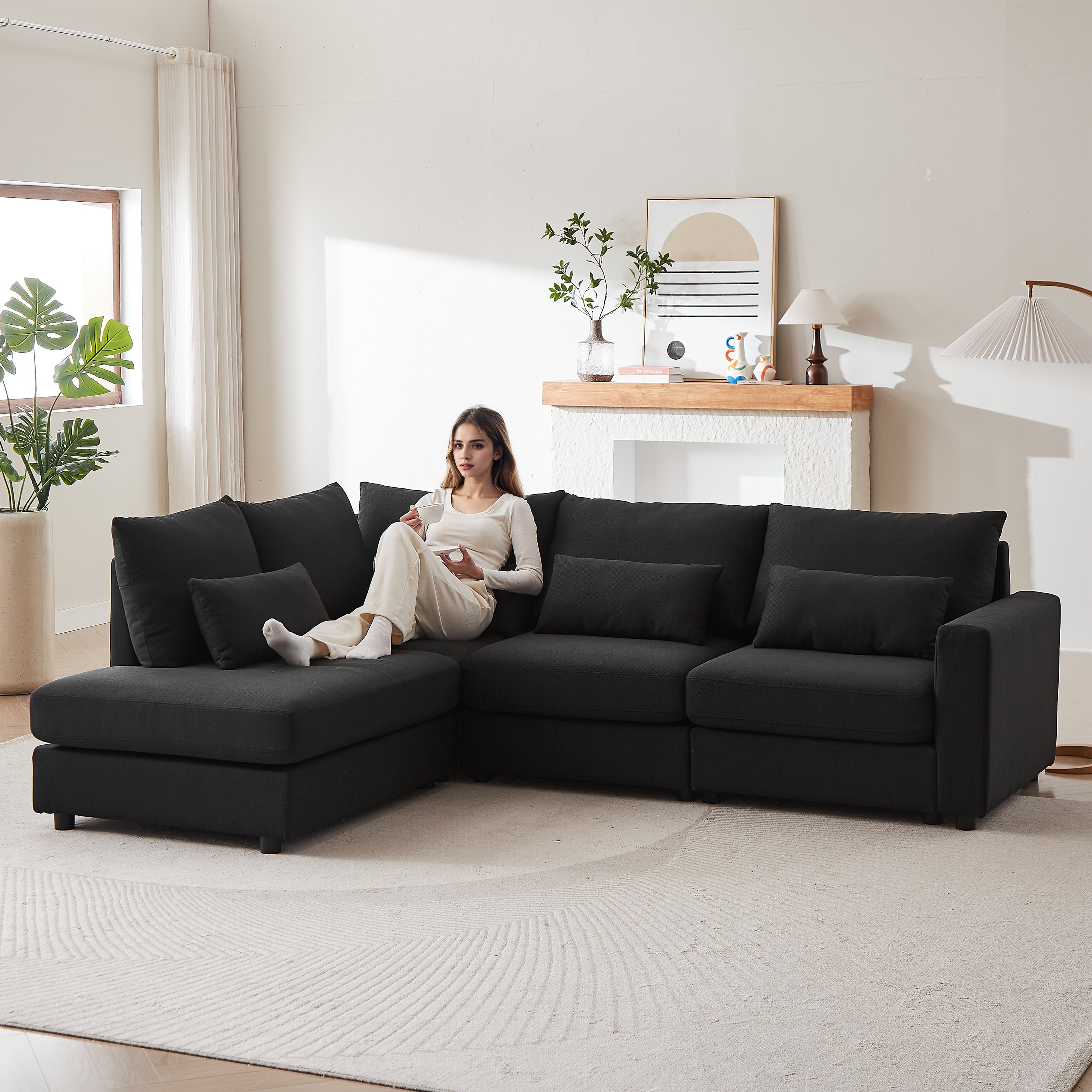 Black Convertible L-Shaped Linen Sofa Ottoman Living Room