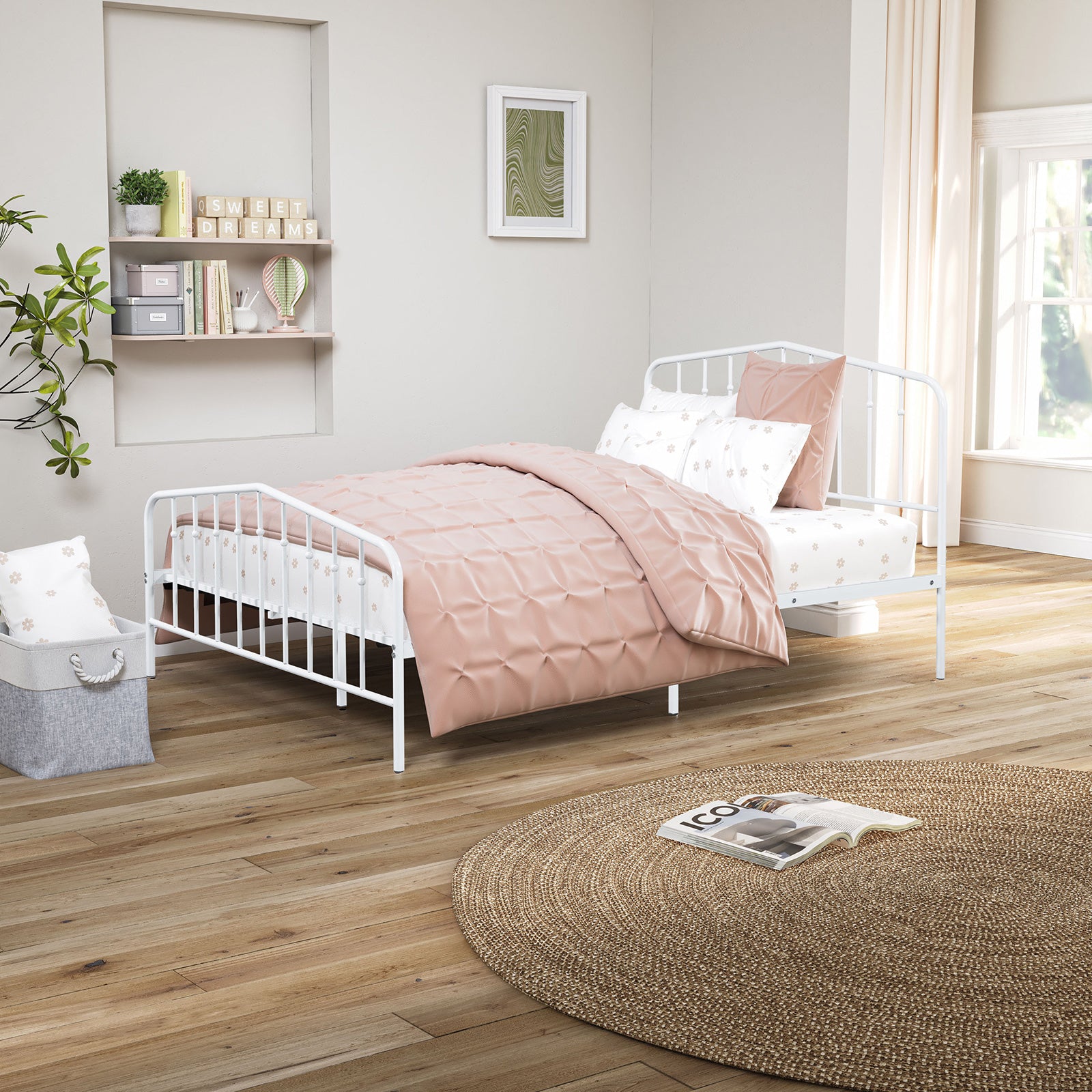 Contemporary Full Size White Metal Bed Frame, Mattress Ready, Sturdy