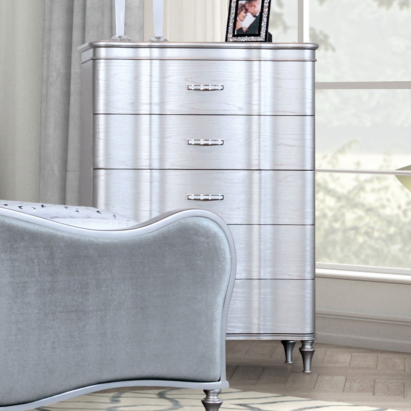 Silver Glamour Chest: Curved Front, Acrylic Handles Bedroom