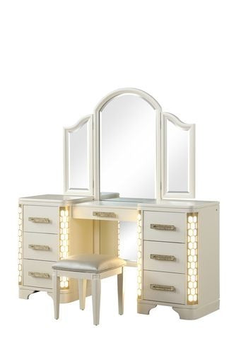 JASMINE Beige Wood Vanity Set, Side LED Lights - NJ Inventory