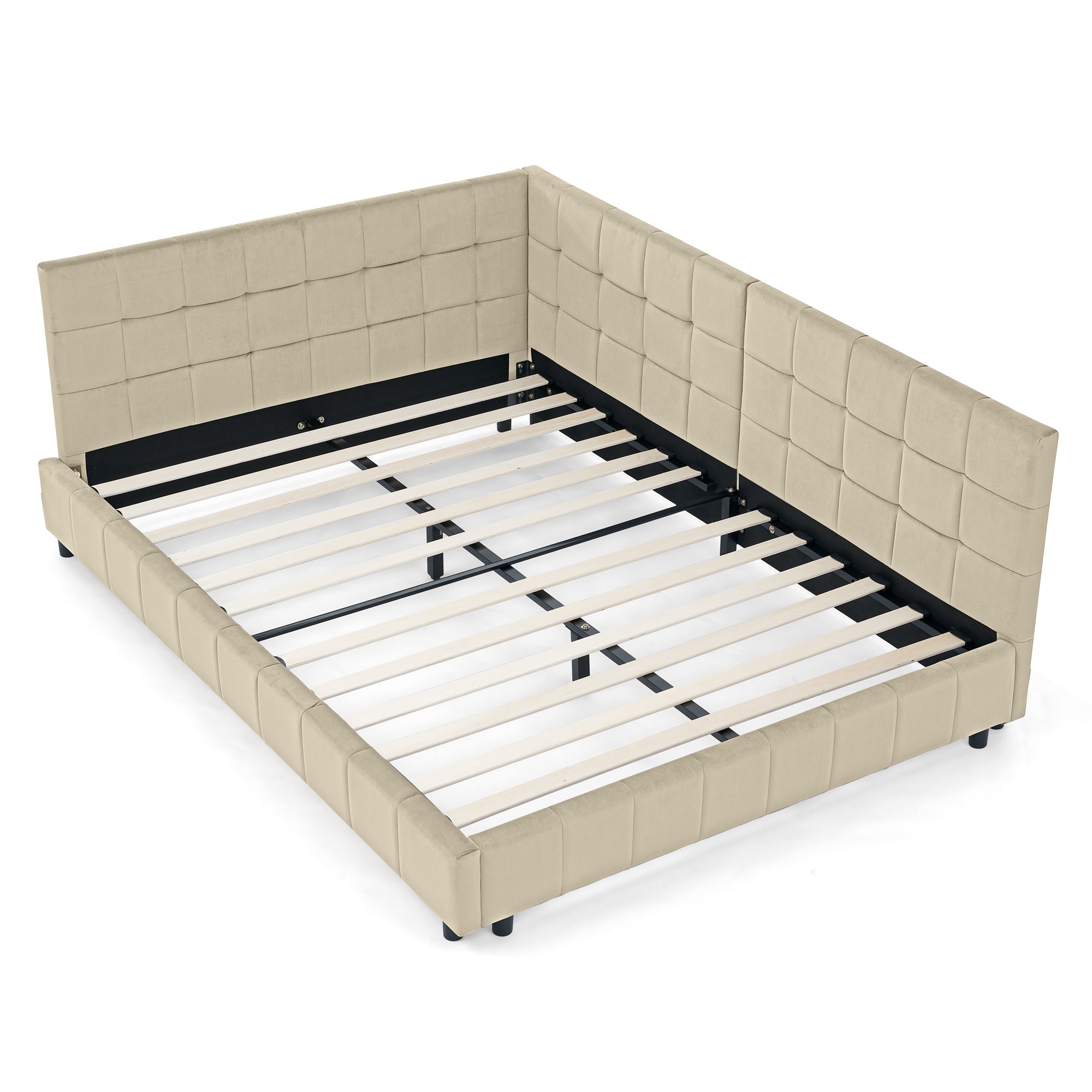 Mid-Century Full Size Upholstered Tufted Velvet Bed Frame Beige