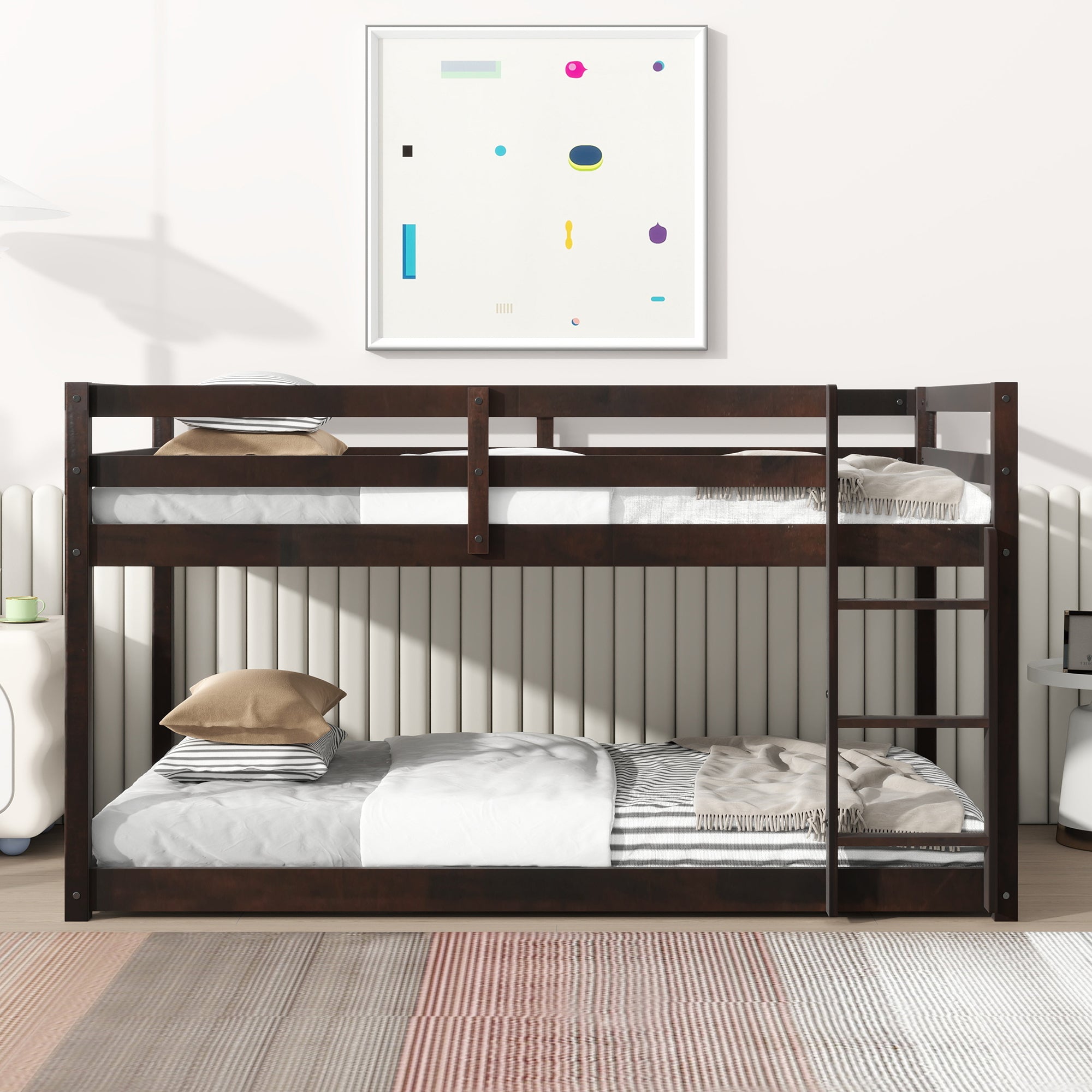 Solid Rubber Wood Twin Over Twin Floor Bunk Bed, Ladder, Slats, Espresso