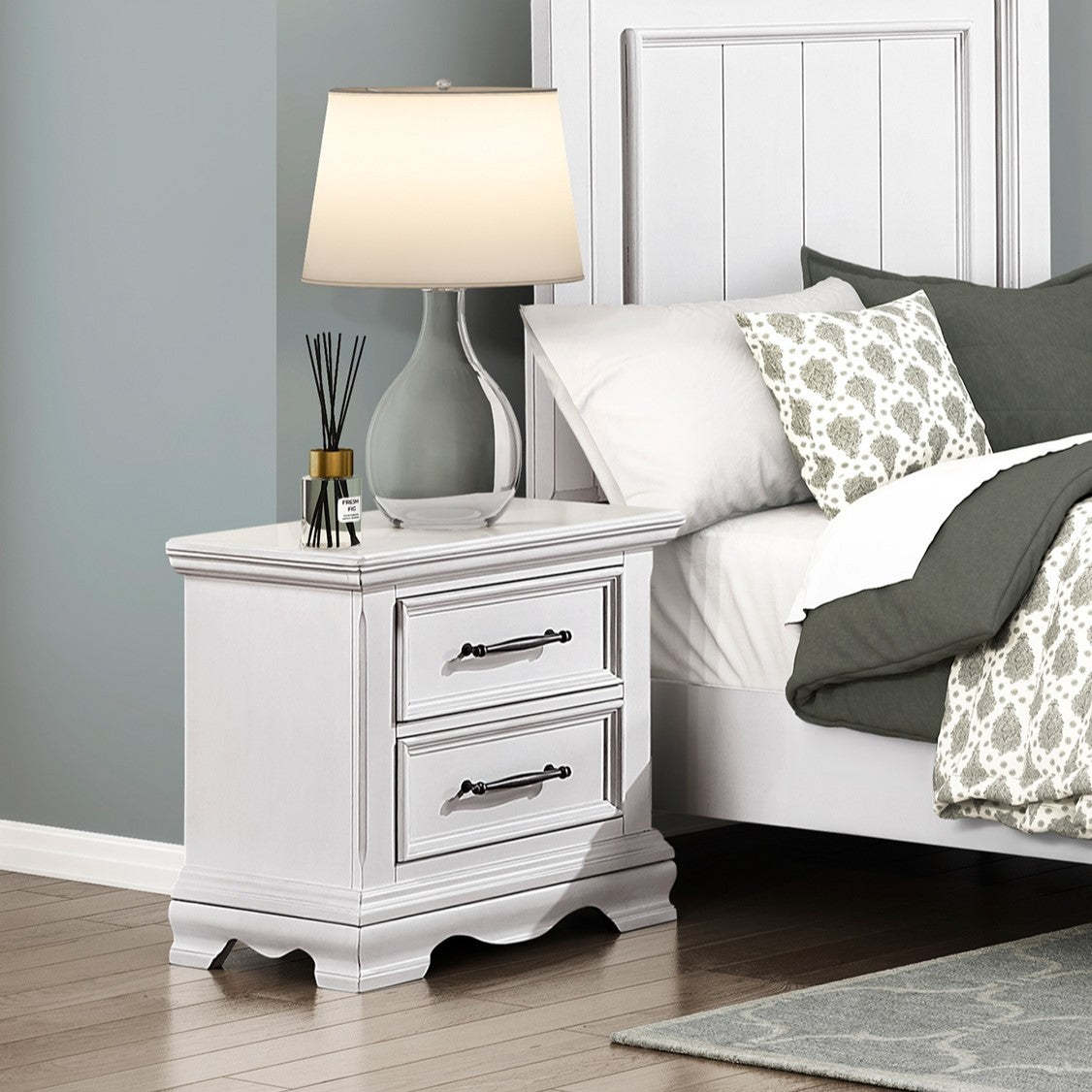 White 2-Drawer Nightstand with Black Handles | Classic Wood Bedside Table