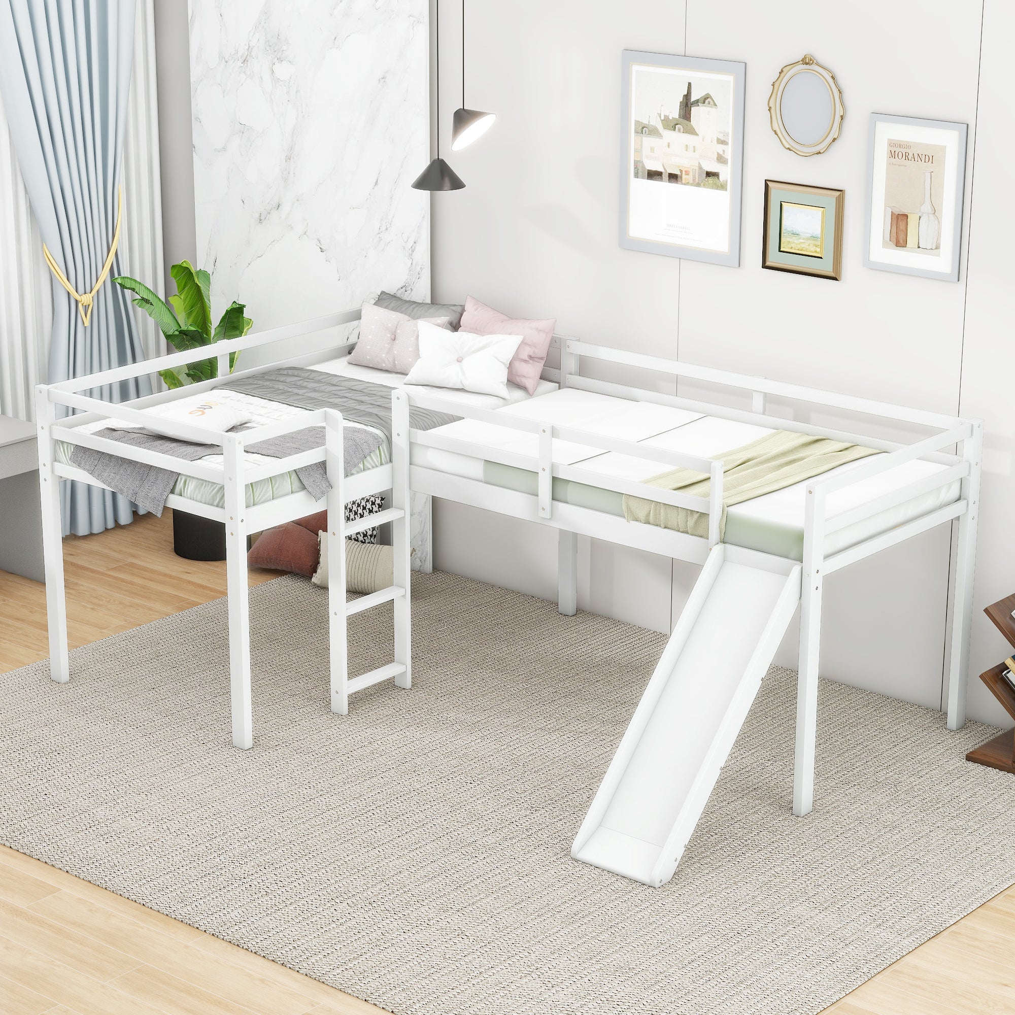 White L-Shaped Twin Loft Bed with Ladder & Slide - Space Saving