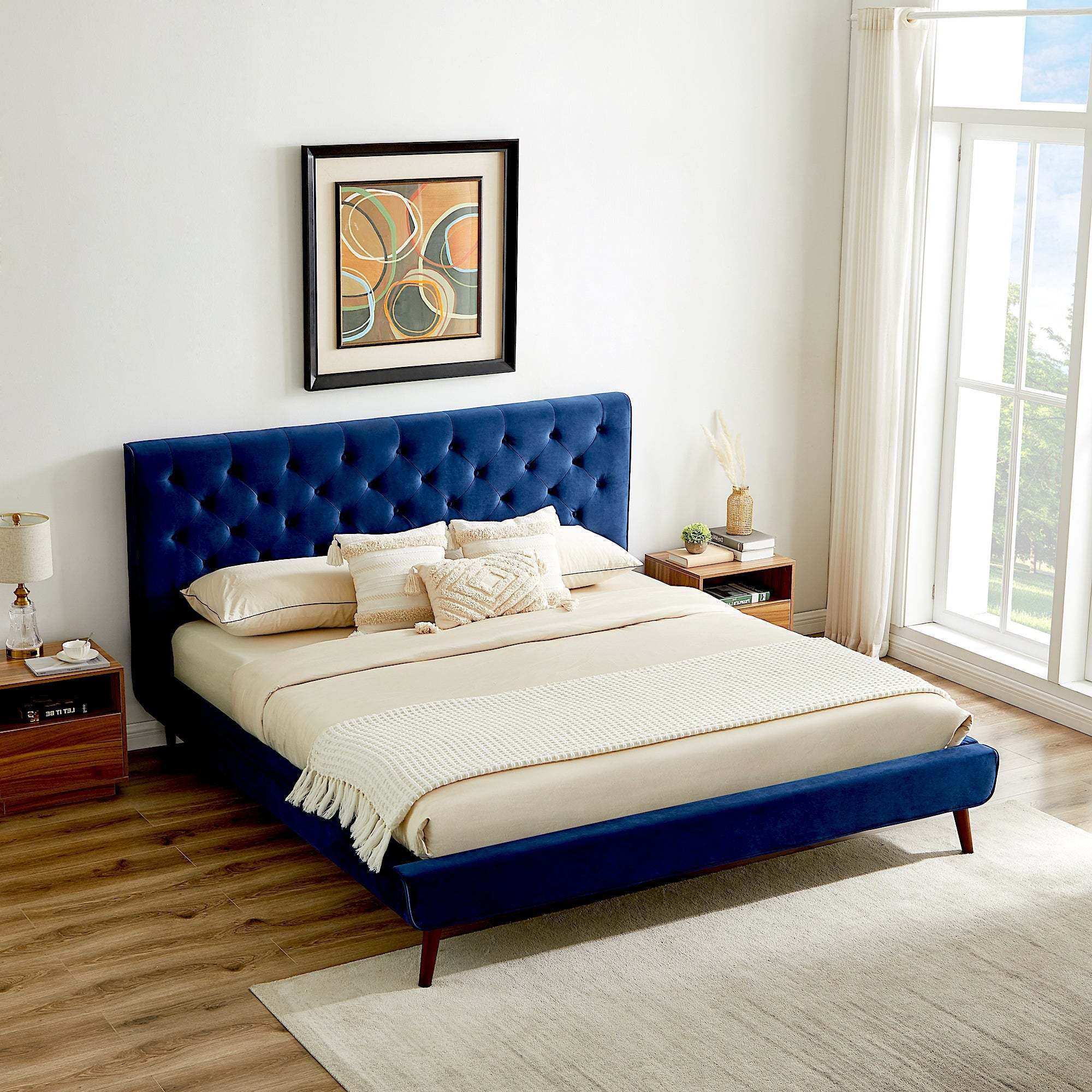 Dillon Queen Blue Velvet Platform Bed - Modern Comfort & Style