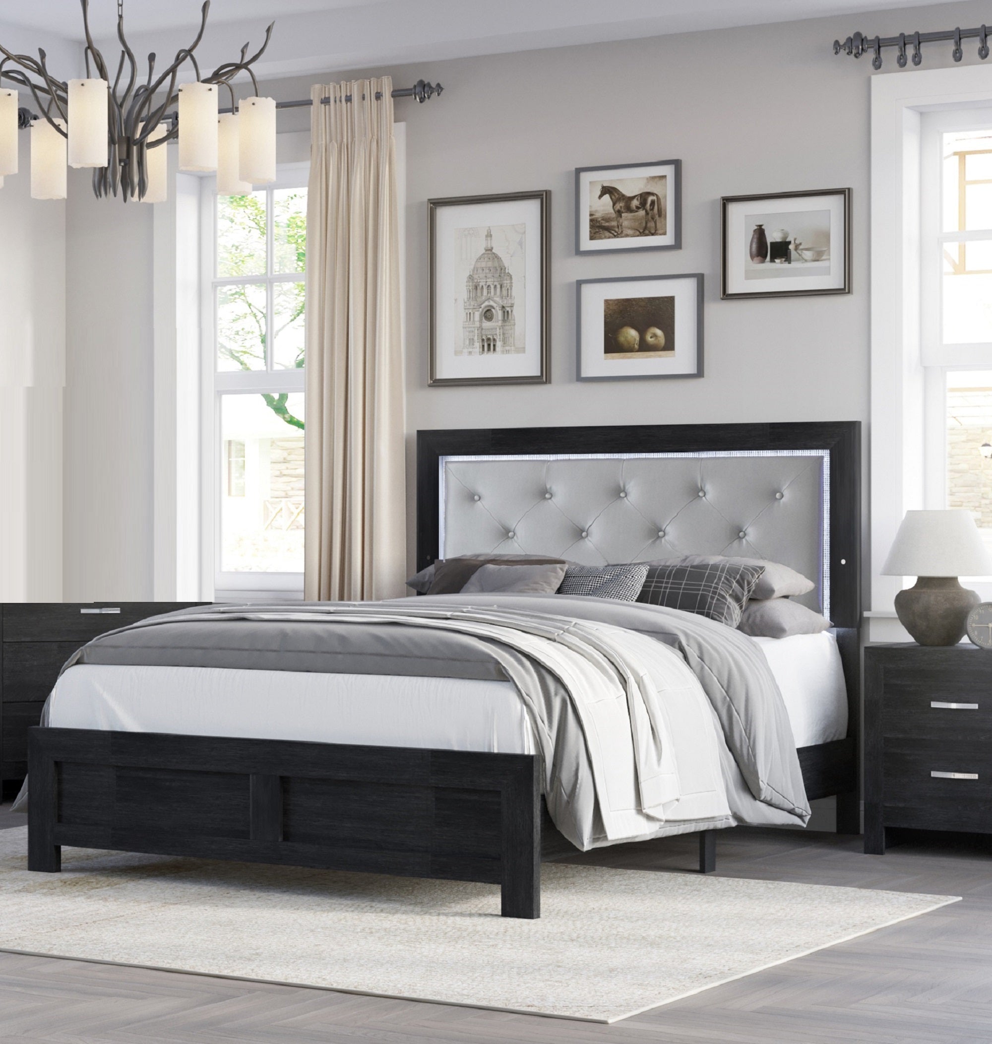 Modern King Panel Bed: LED Headboard, Black/Gray Faux Leather