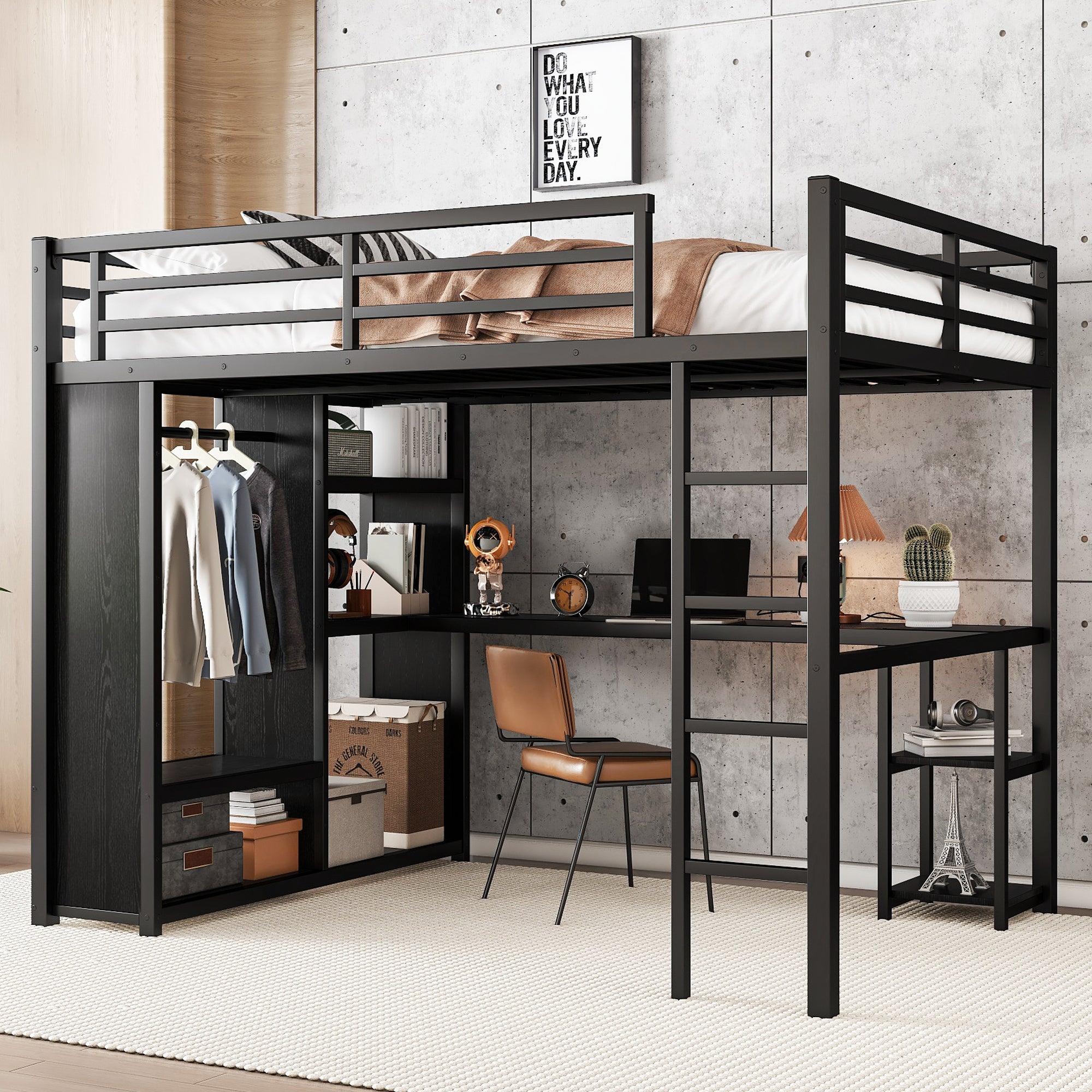 Queen Size Metal Loft Bed w/ Wardrobe, Desk, Shelves - Black