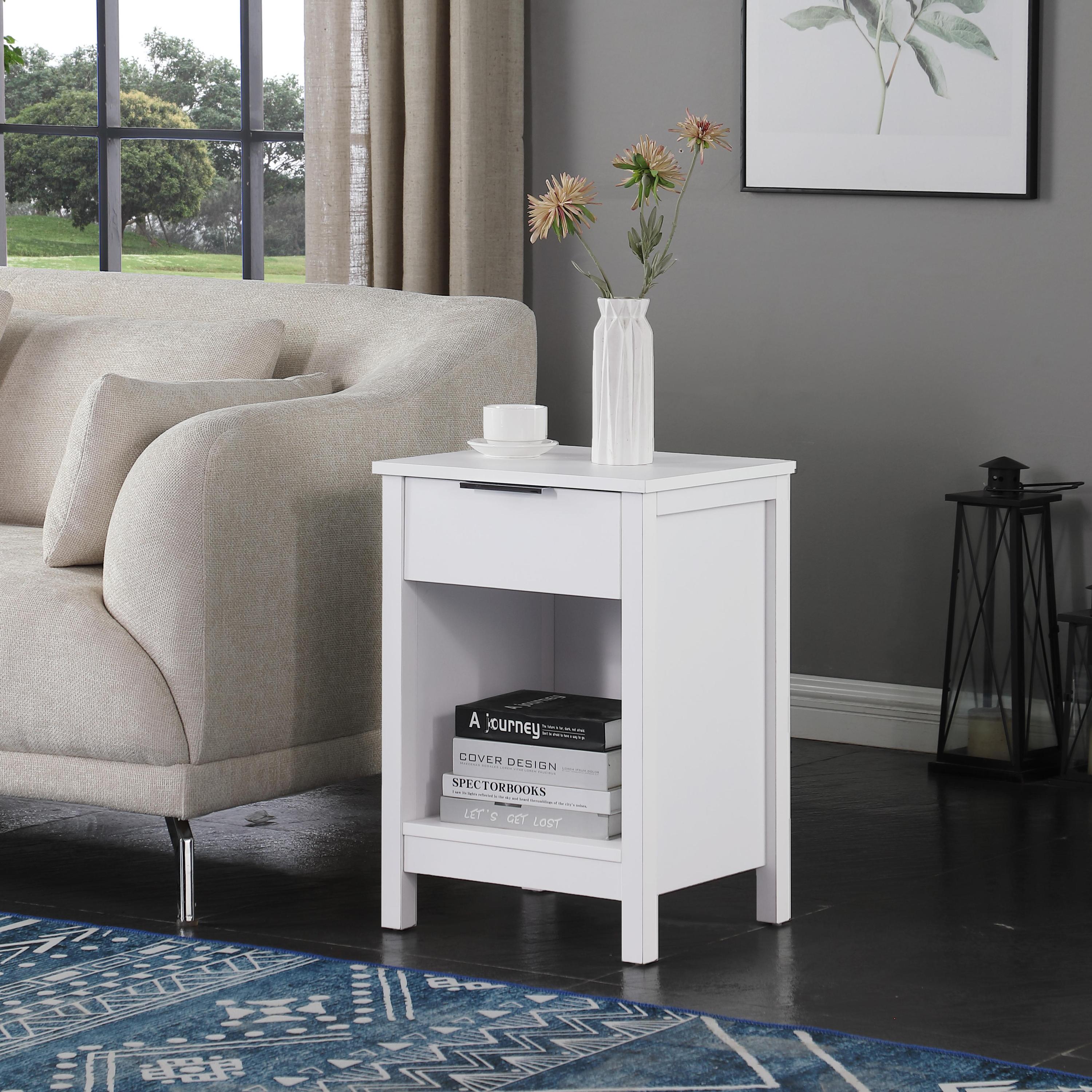 Modern Retro White Nightstand with Drawer & 3-Tier Storage