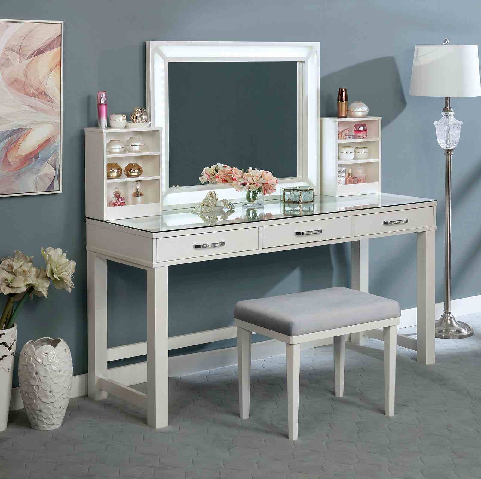 Glam White Vanity Set w/ Stool, Mirror & Storage Drawers - Bedroom