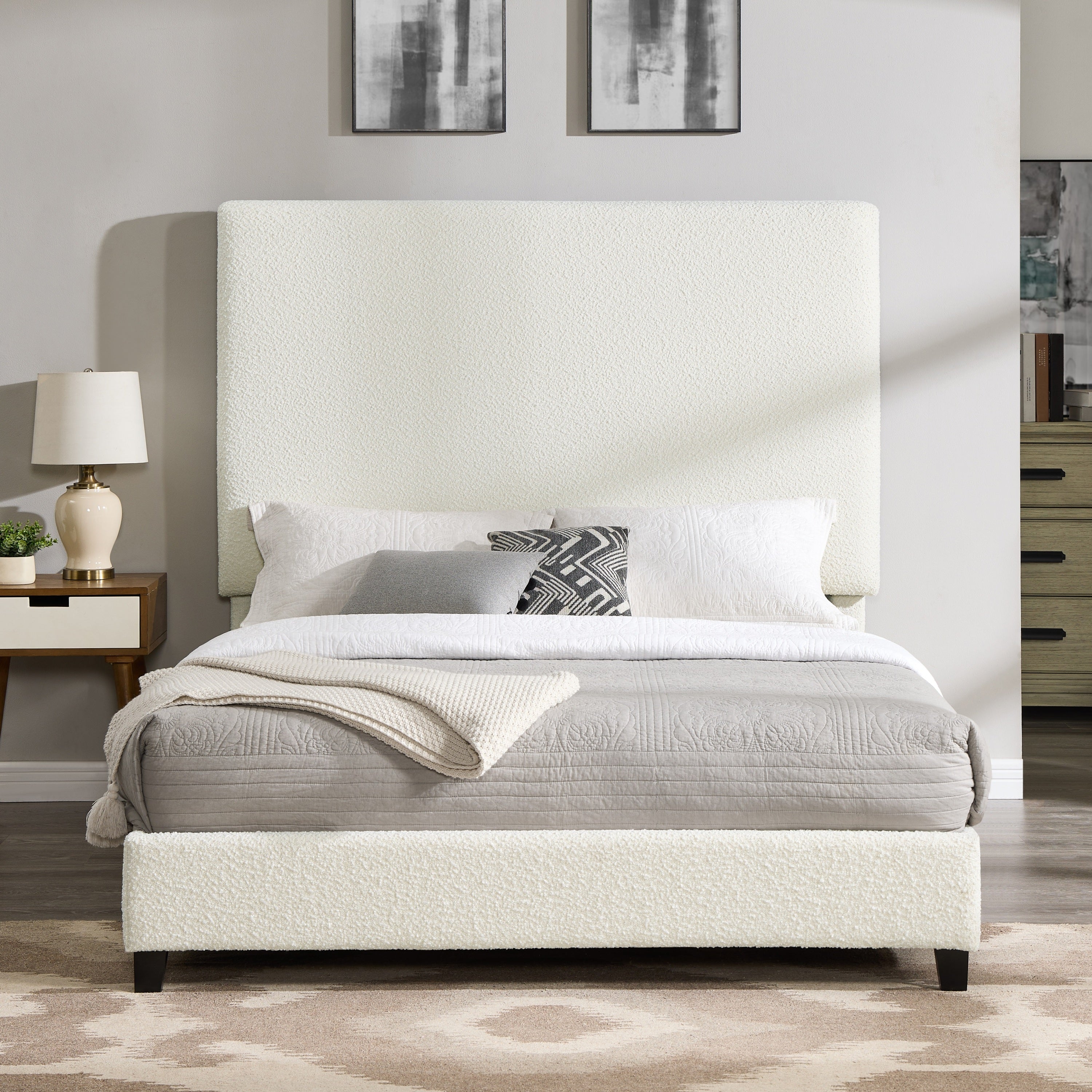 Queen Size White Boucle Upholstered Platform Bed - Modern