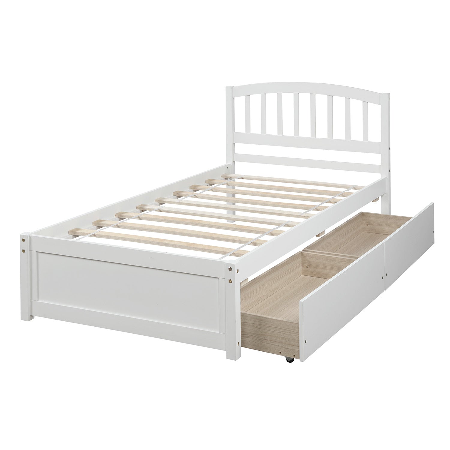 White Twin Wood Platform Bed Frame, 2 Drawers & Headboard