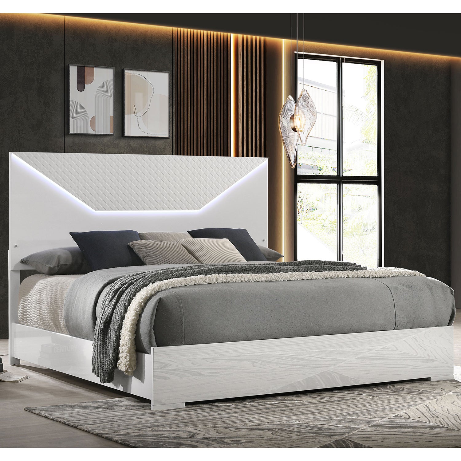 Queen White High Gloss Panel Bed with LED Headboard | Pierce
