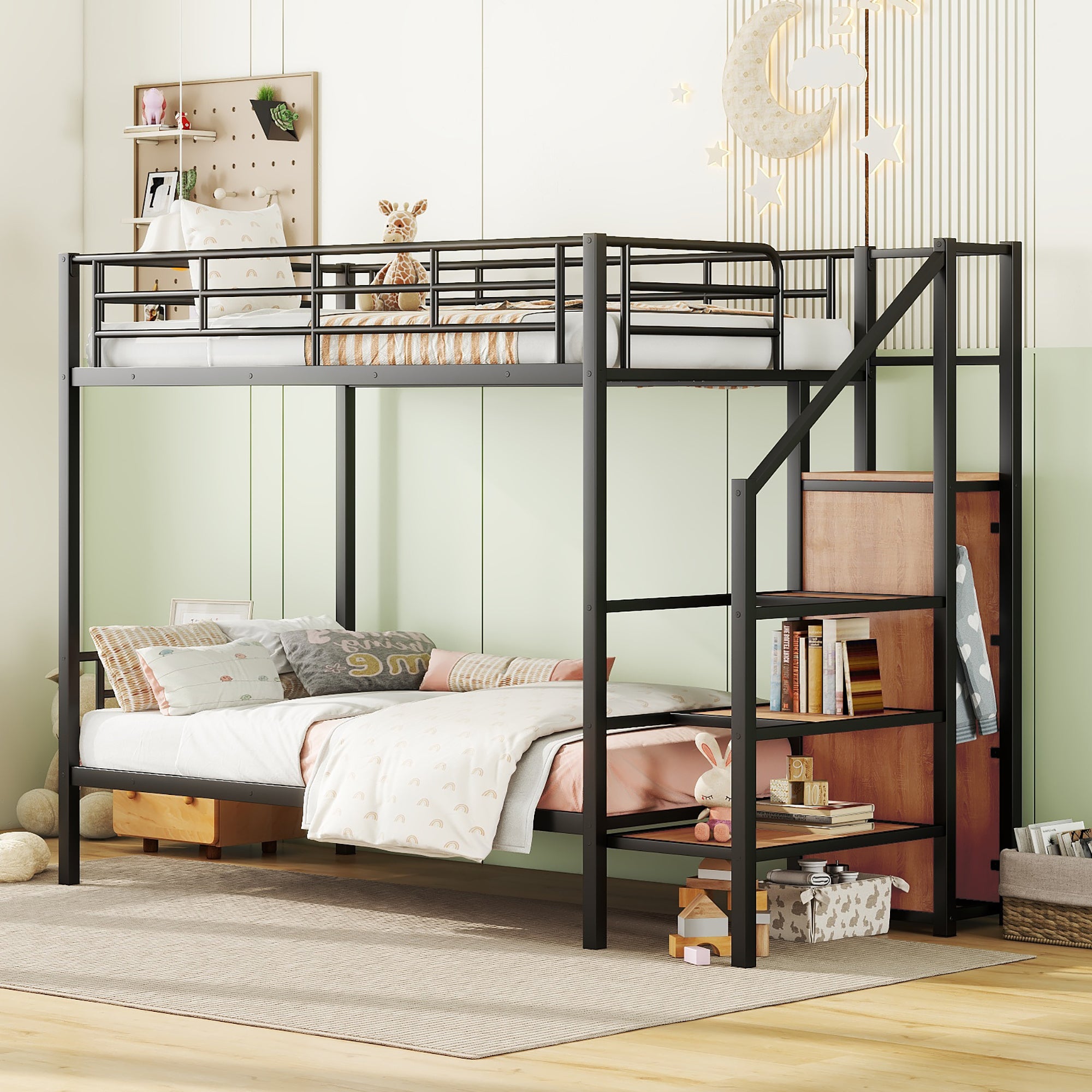 Black Twin Over Twin Metal Bunk Bed | Lateral Storage Ladder, Wardrobe