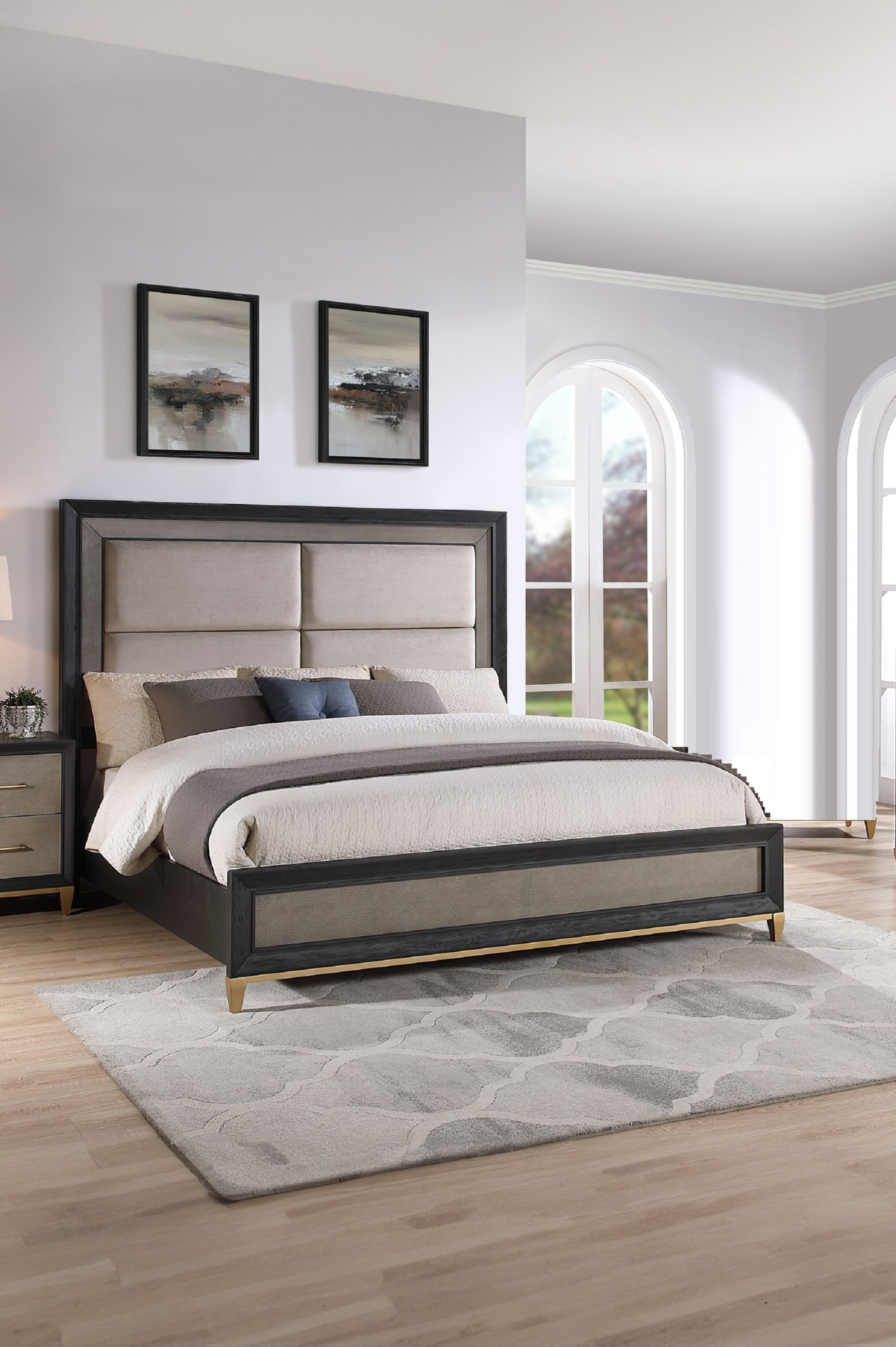 Queen Upholstered Panel Bed: Black Brown Gold Legs Solid Wood Bedroom