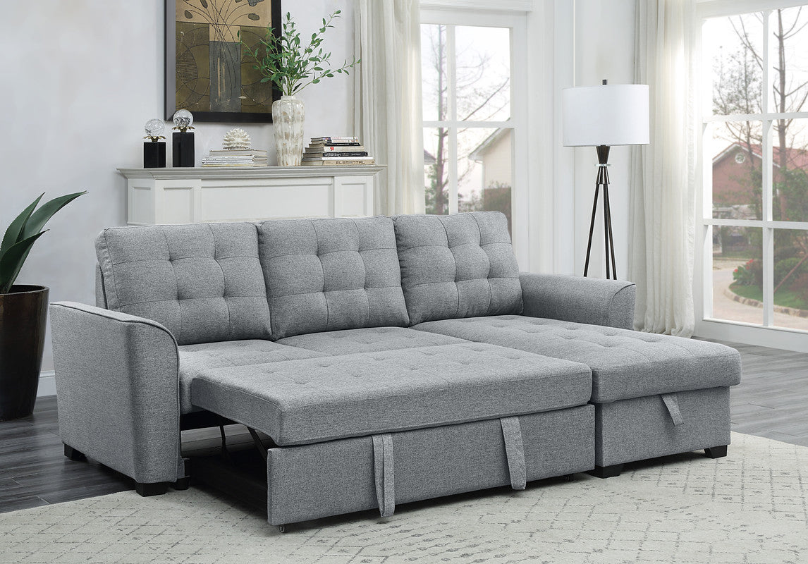 Light Gray Linen Sleeper Sectional Sofa with Storage Chaise