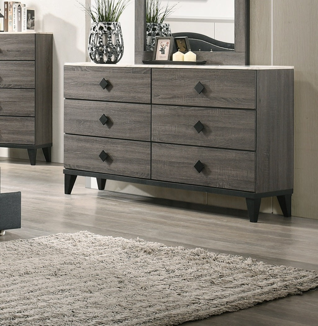 Modern Grey Bedroom Dresser, Faux Marble Top, 6 Drawers