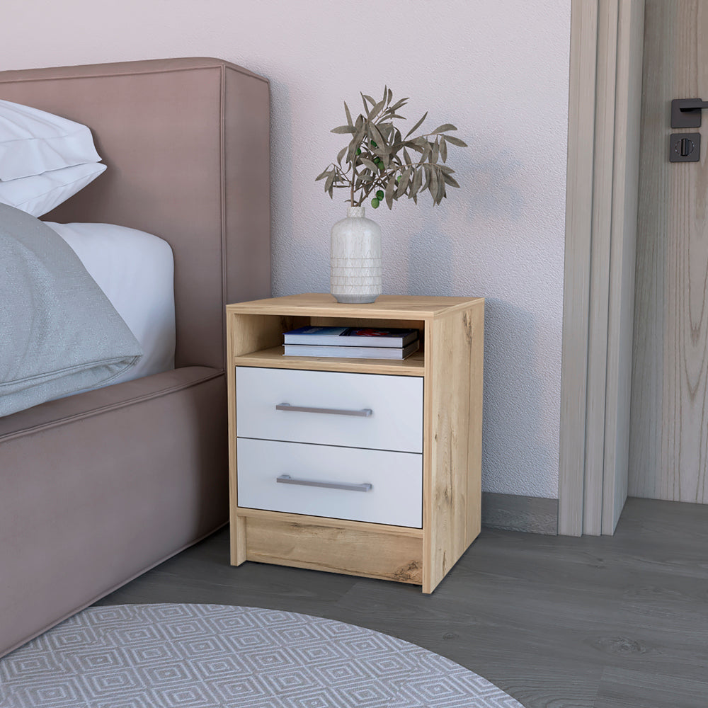Cartiz Nightstand: White/Light Oak Finish, Two Storage Drawers