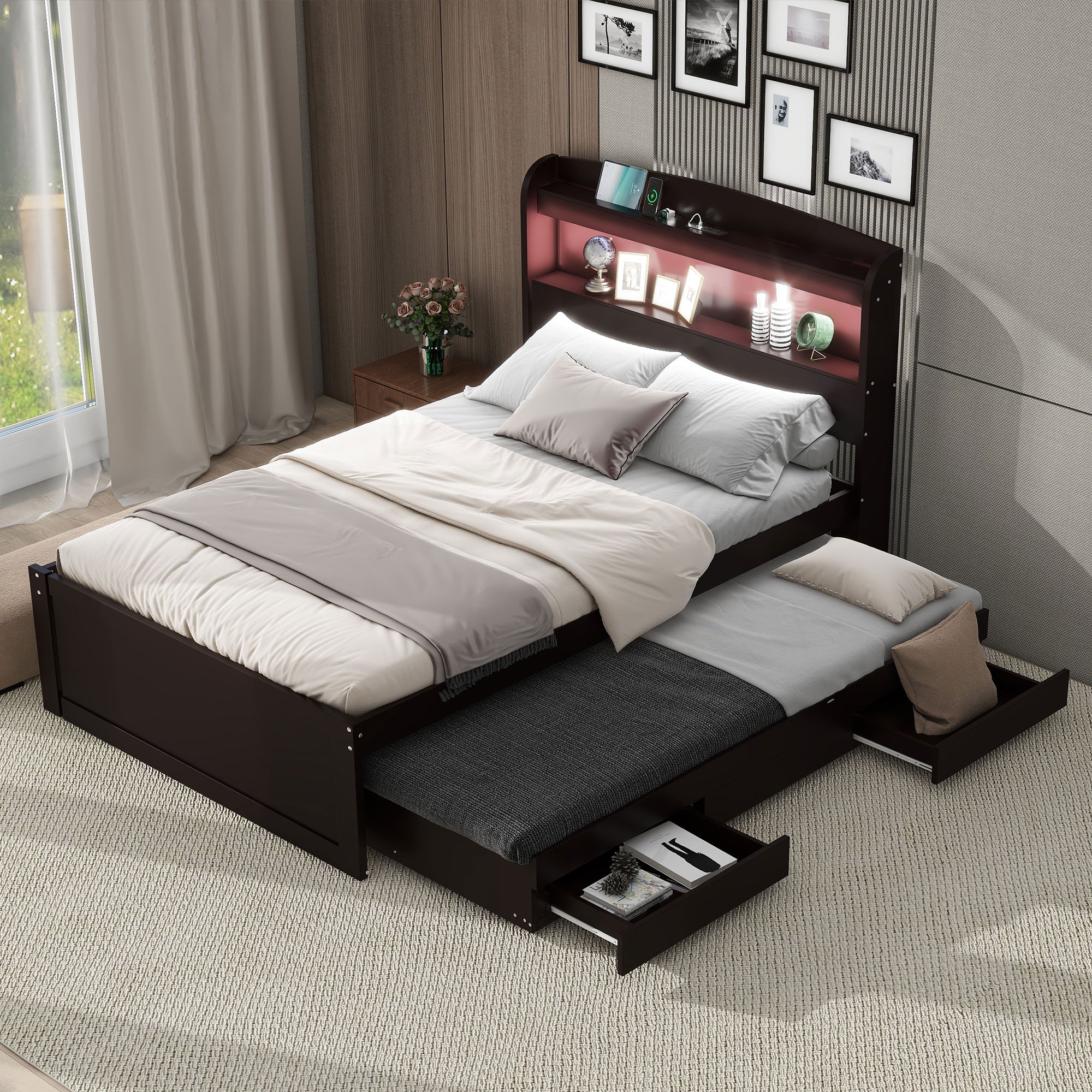 Twin XL Platform Bed with LED Headboard, Storage, Trundle & Drawers