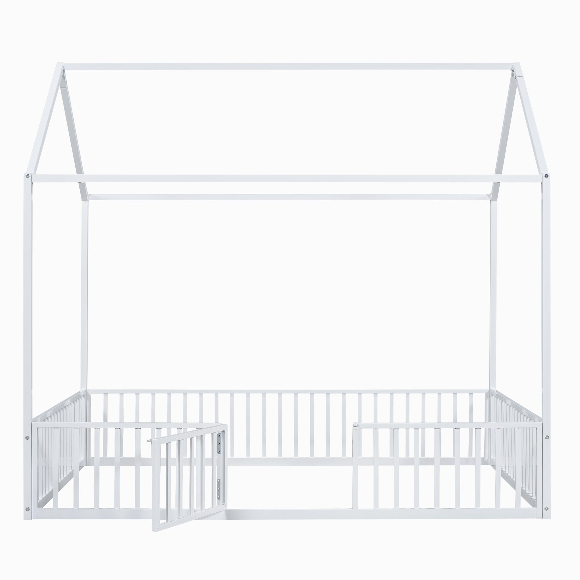 Full Size Metal House Bed with Fence & Door: White, Imaginative Play