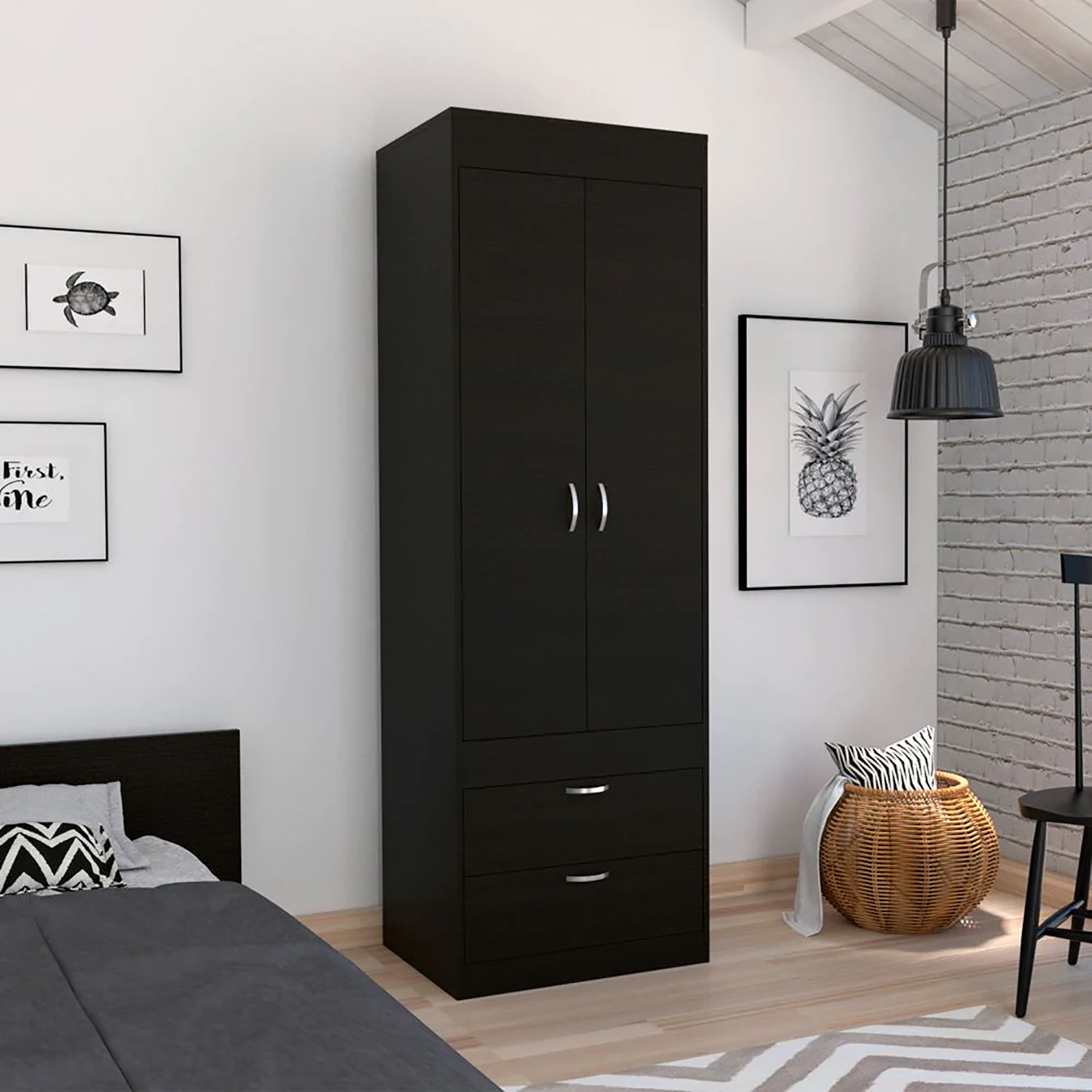 Wenge 2-Drawer Armoire - Stylish Bedroom Storage Wardrobe