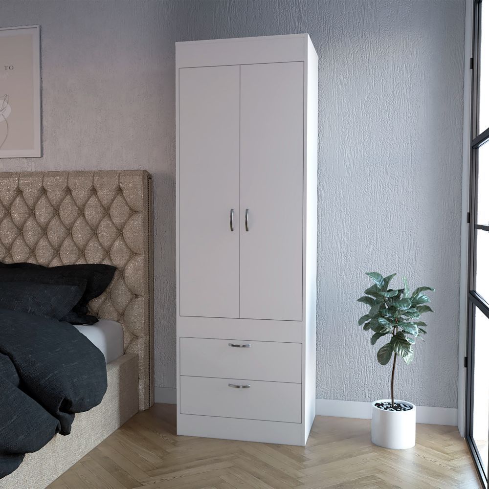 White 2-Drawer Armoire - Bedroom Storage Cabinet