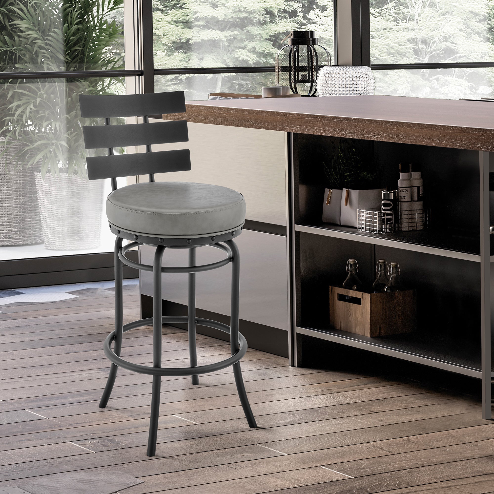 Xelora Black Swivel Counter/Bar Stool, Gray Faux Leather