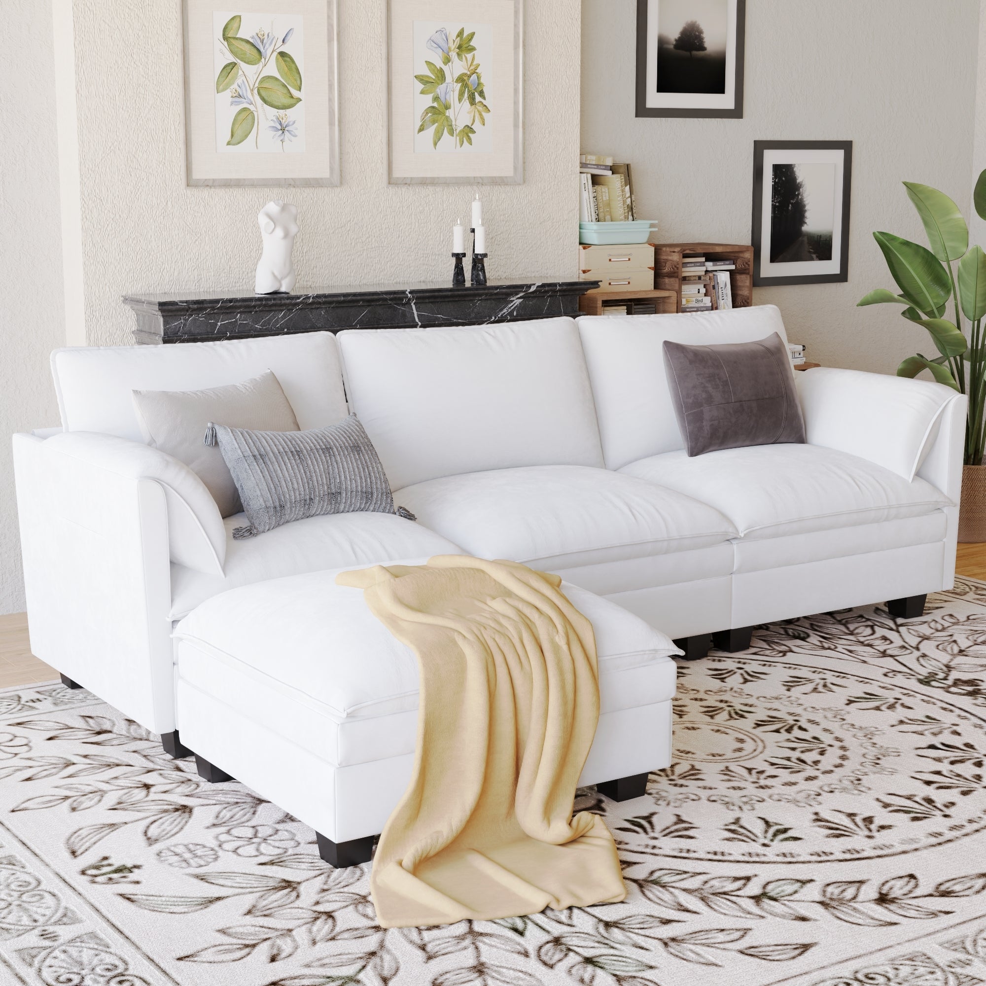 Large L-Shaped Fabric Sofa 107.8'' - 3 Seater with Ottoman