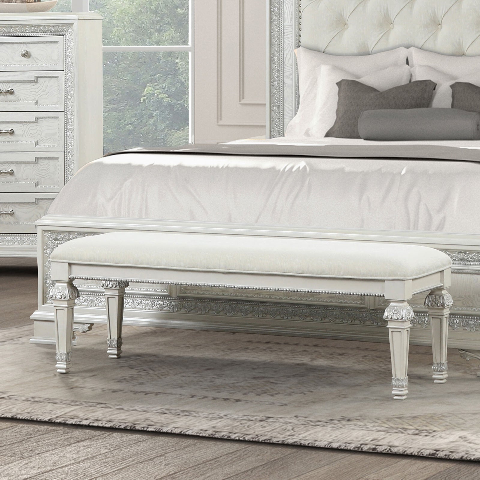 Creamy White Traditional Silver Metal Tufted Bench