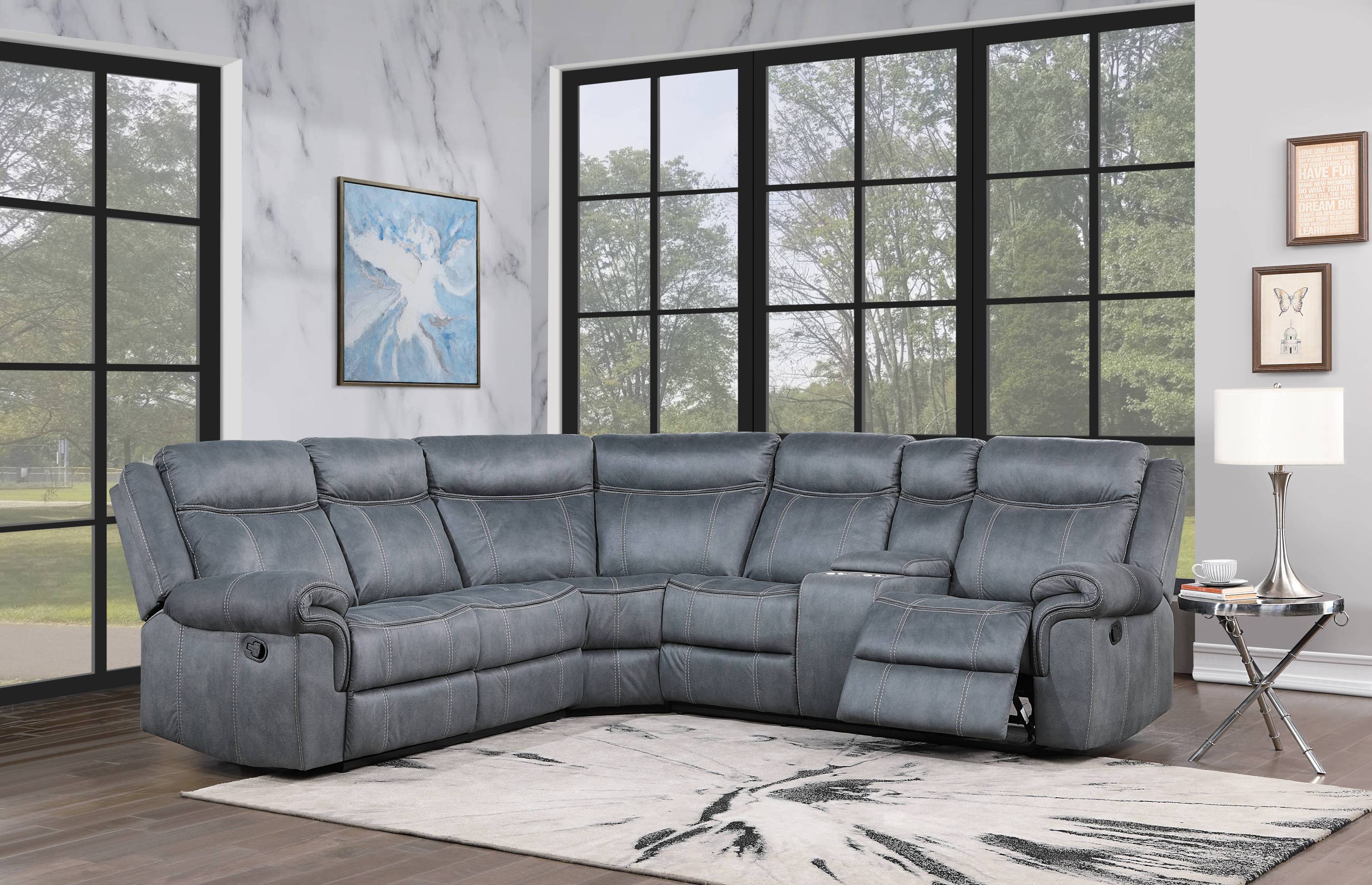 Dollum Gray Nubuck Recliner Sectional Sofa w/USB & Cupholders
