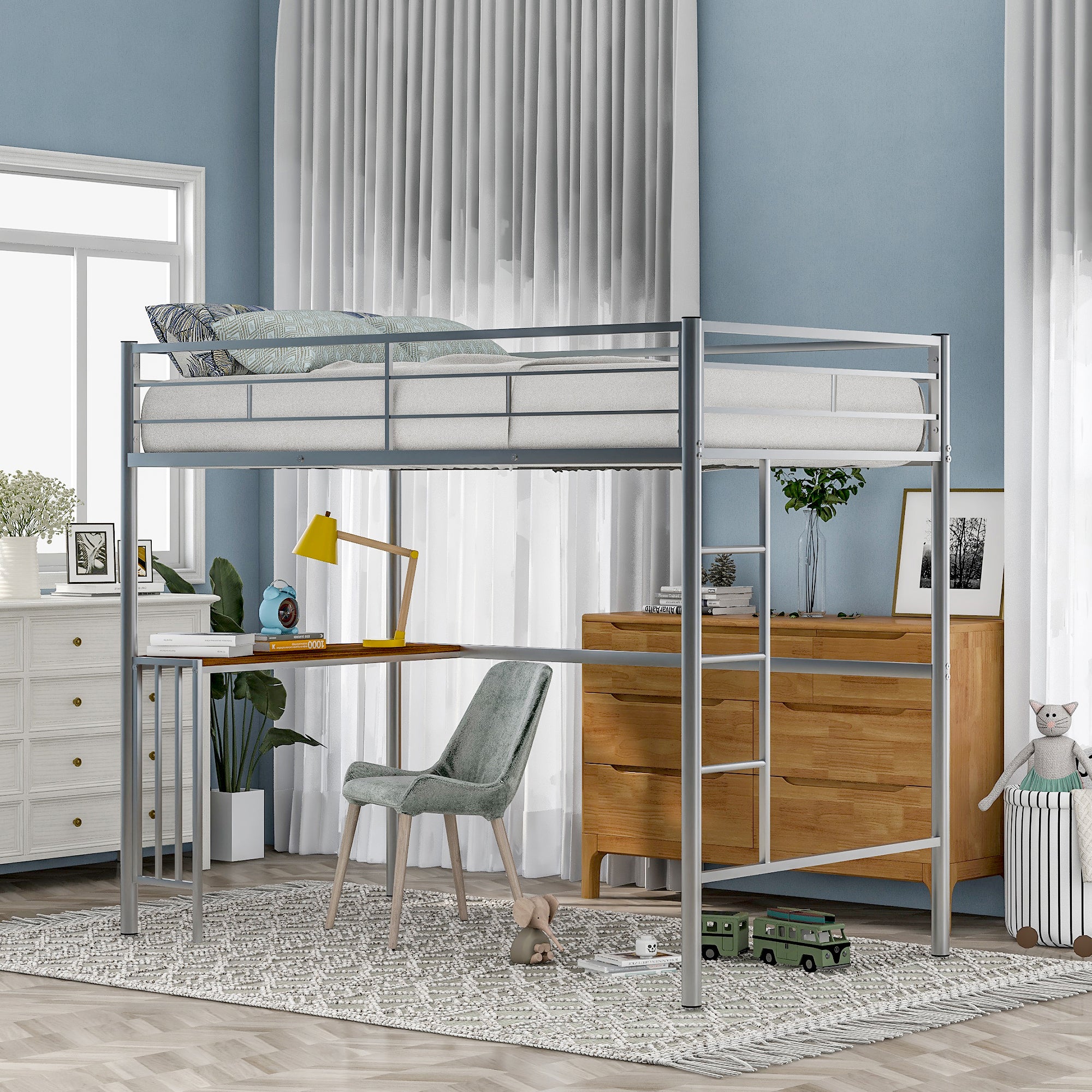 Silver Twin Metal Loft Bed with Desk, Ladder & Guardrails