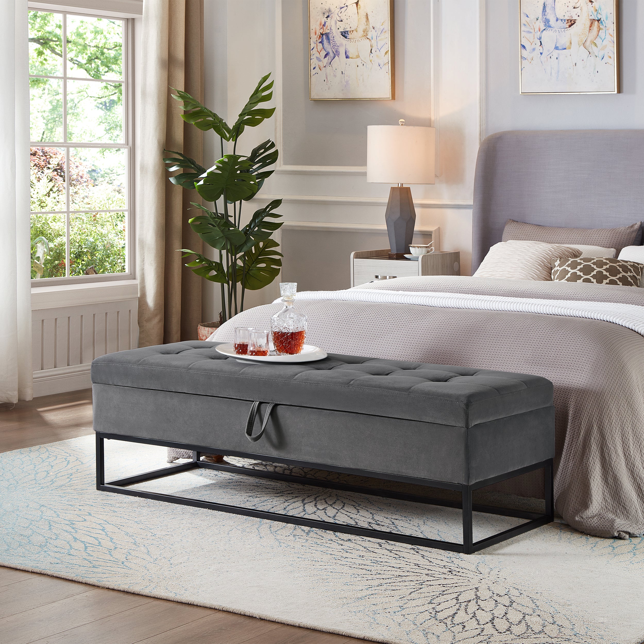 58.6" Grey Velvet Storage Bed Bench with Metal Base