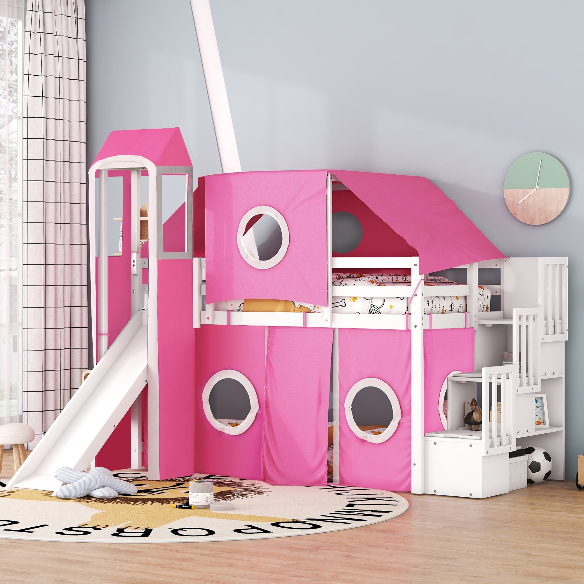 Pink Twin Kids Loft Bed with Tent & Tower