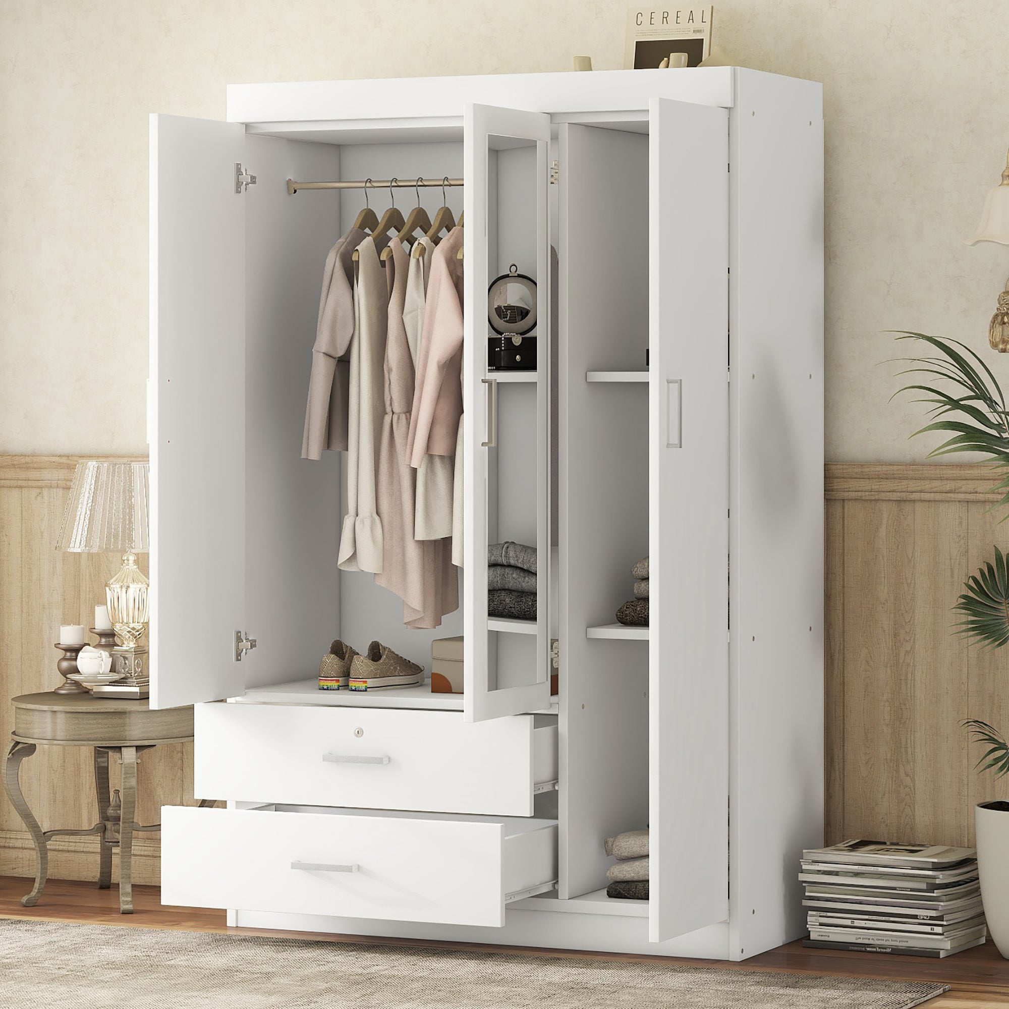White 3-Door Mirror Wardrobe with Shelves - Storage Solution