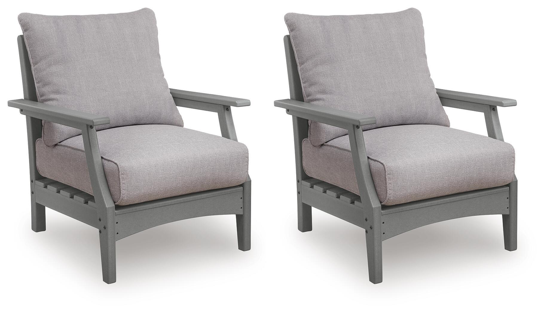 Set of 2 gray lounge chairs with padded cushions, slatted arms, and sturdy frames