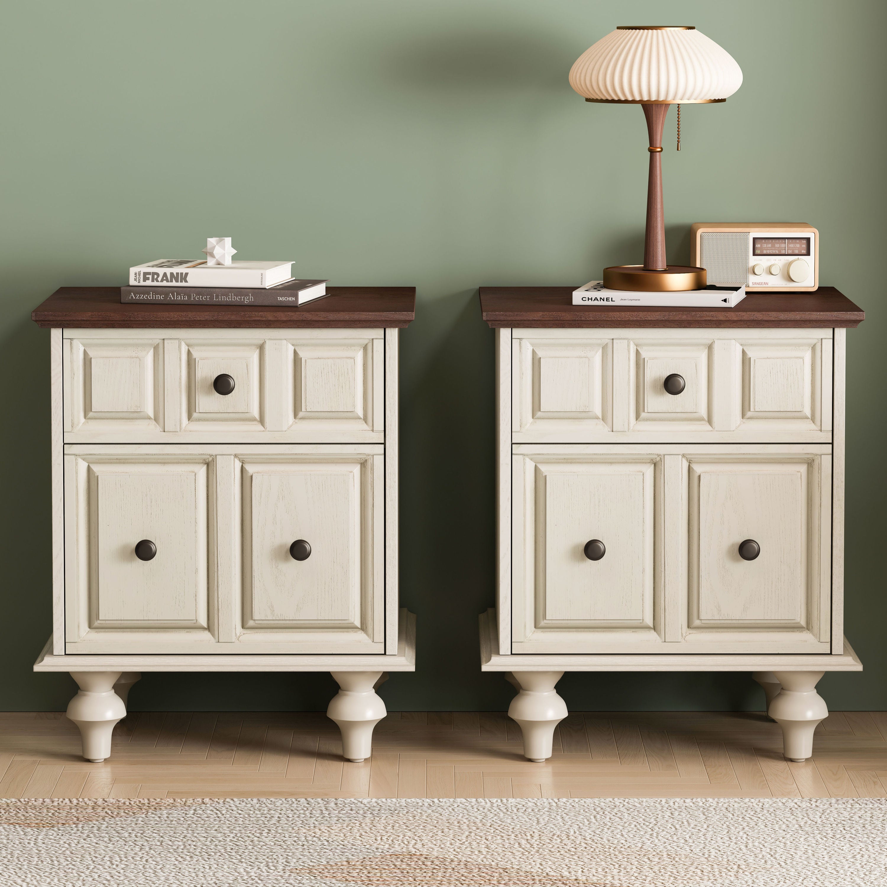 Vintage Nightstand 2 Drawers Roman Column Legs Antique White Set of 2