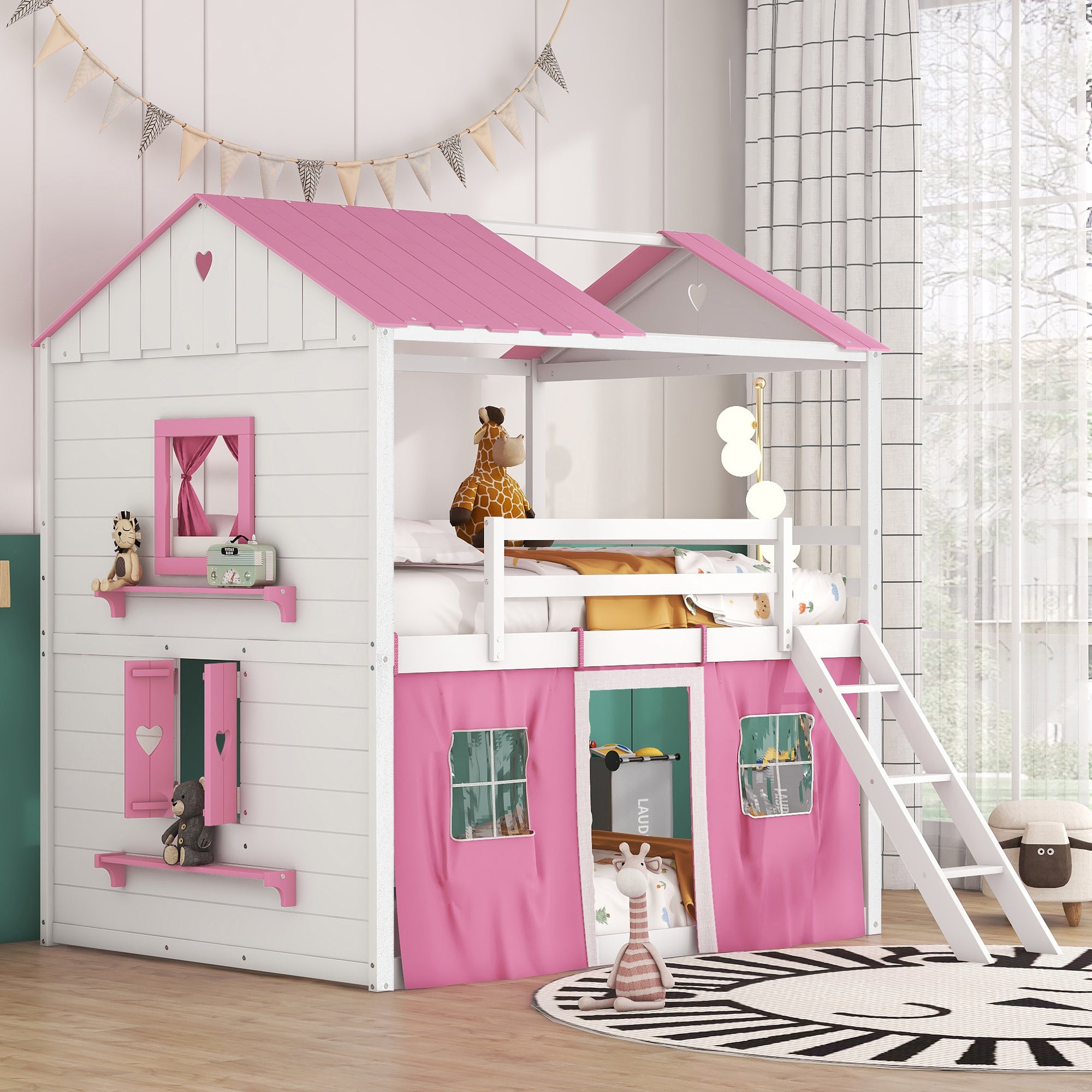 Full Size Wood Bunk House Bed w/ Windows & Tent - Pink+White