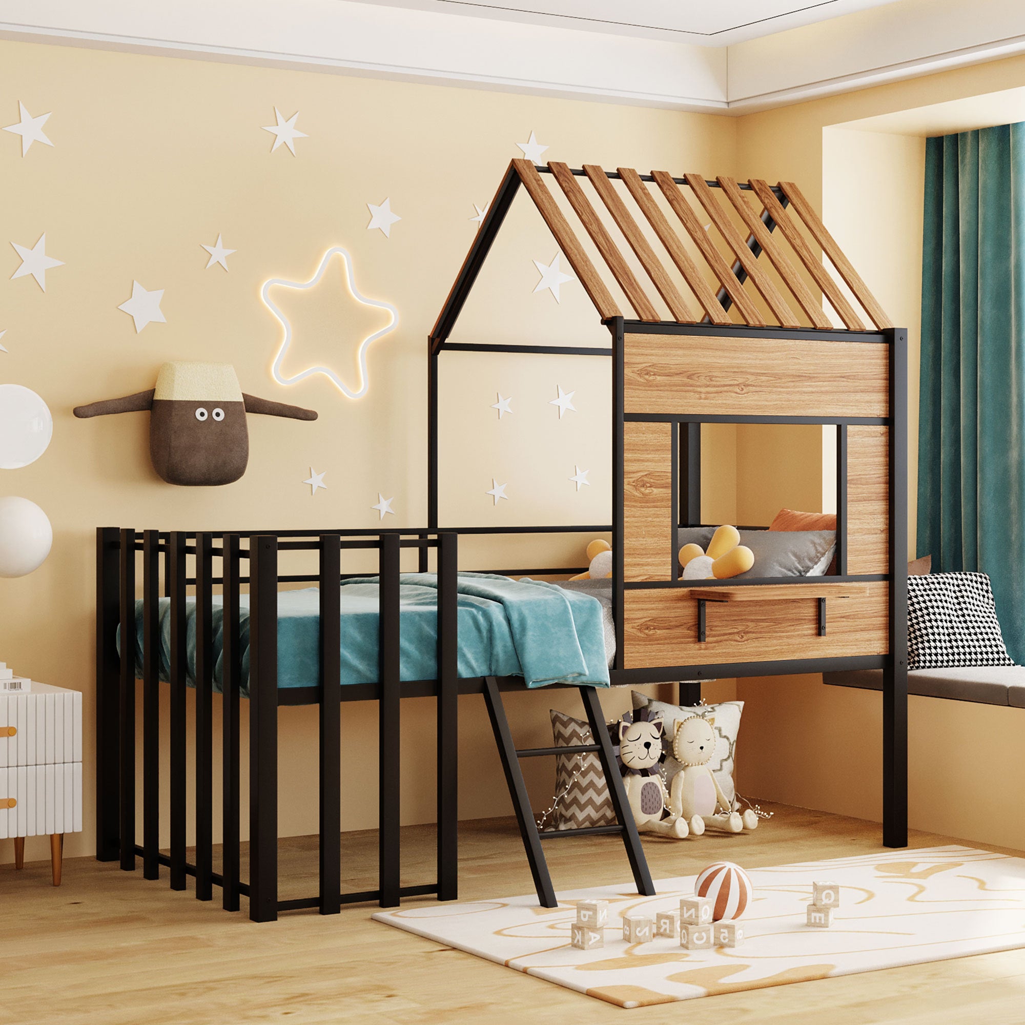 Black Metal Twin Loft Bed: Roof, Window, Guardrail & Ladder