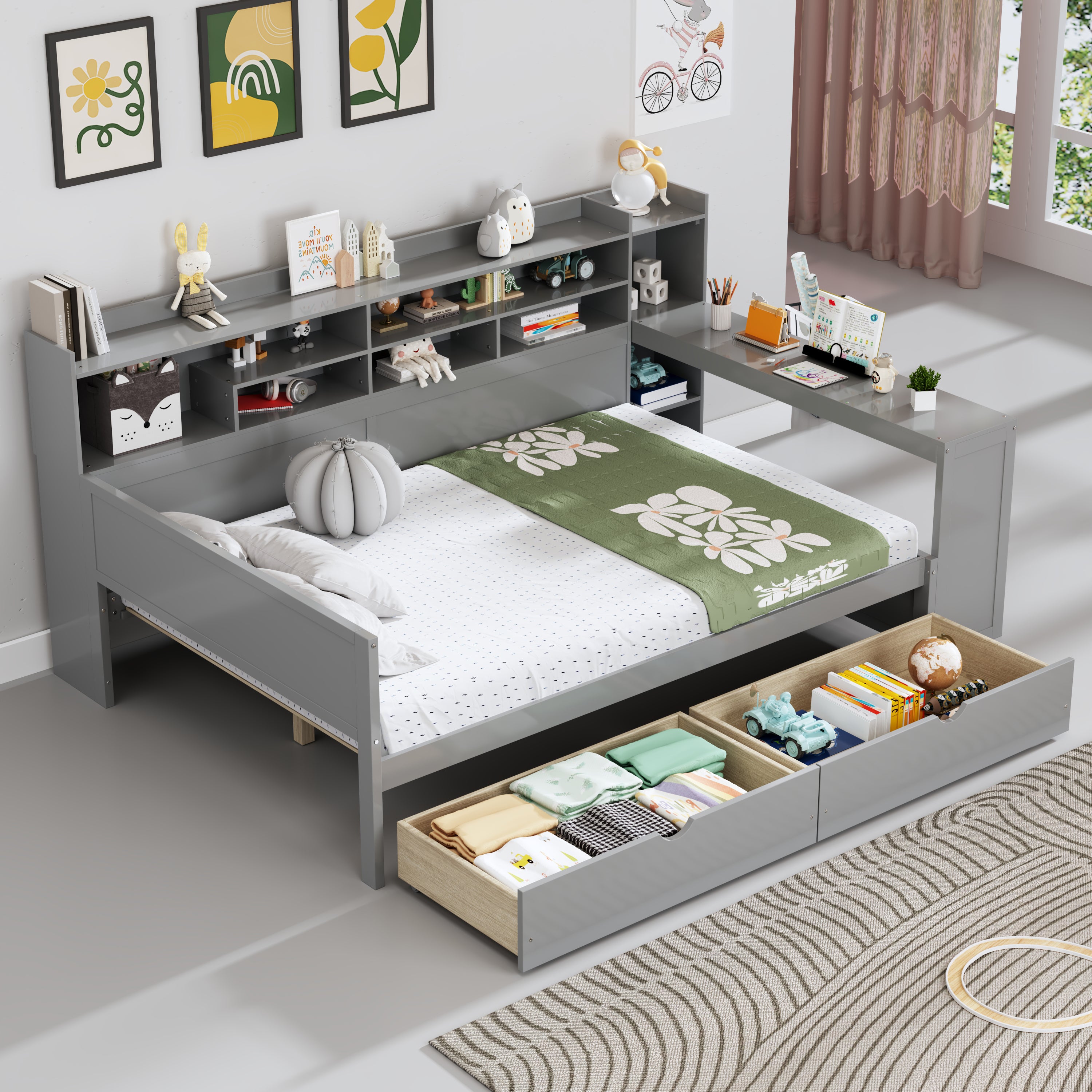 Gray Full Size Wooden Daybed: Storage Shelves, Drawers & Study Desk