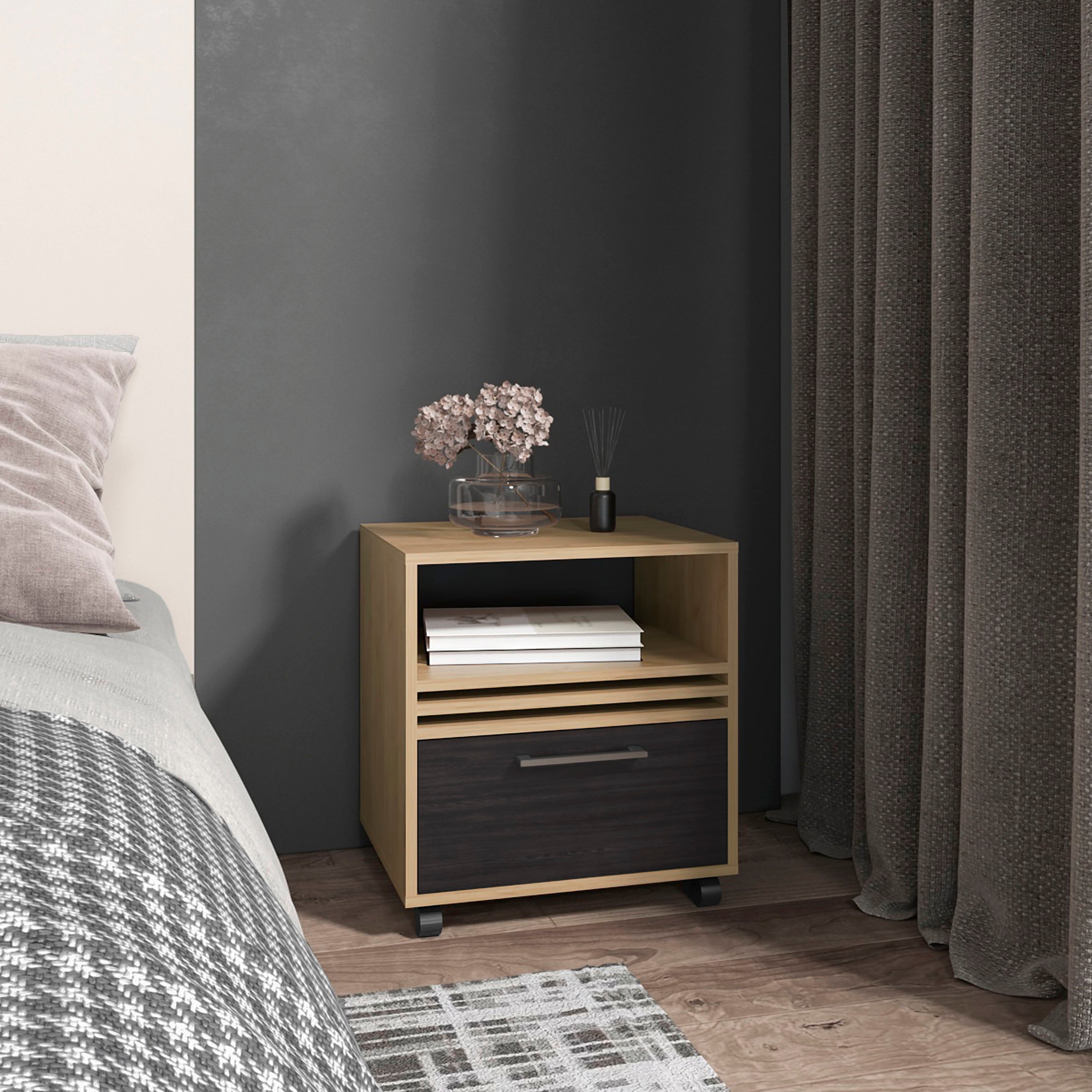 Vance Mobile Nightstand - Natural Oak, 1-Drawer, Casters, Bedroom