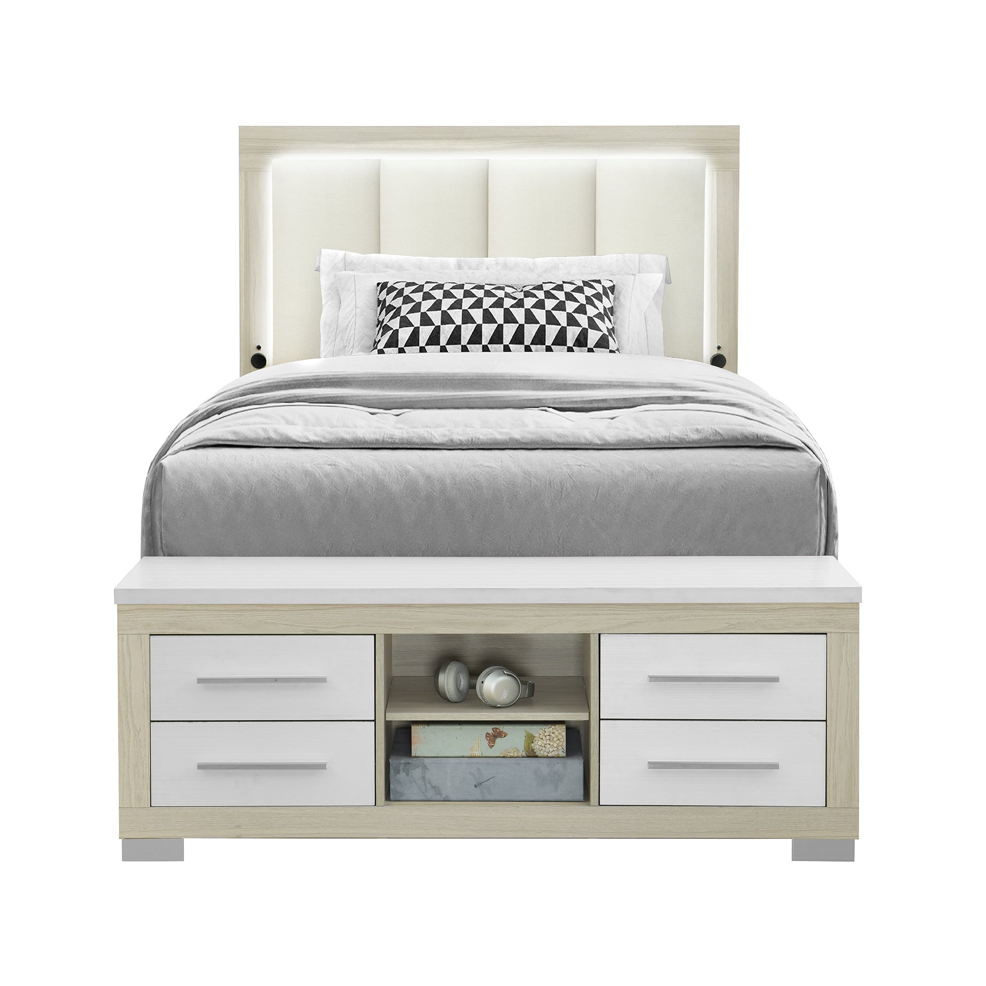 EMILIA King Bed | Bookcase Headboard & Storage | Natural/White