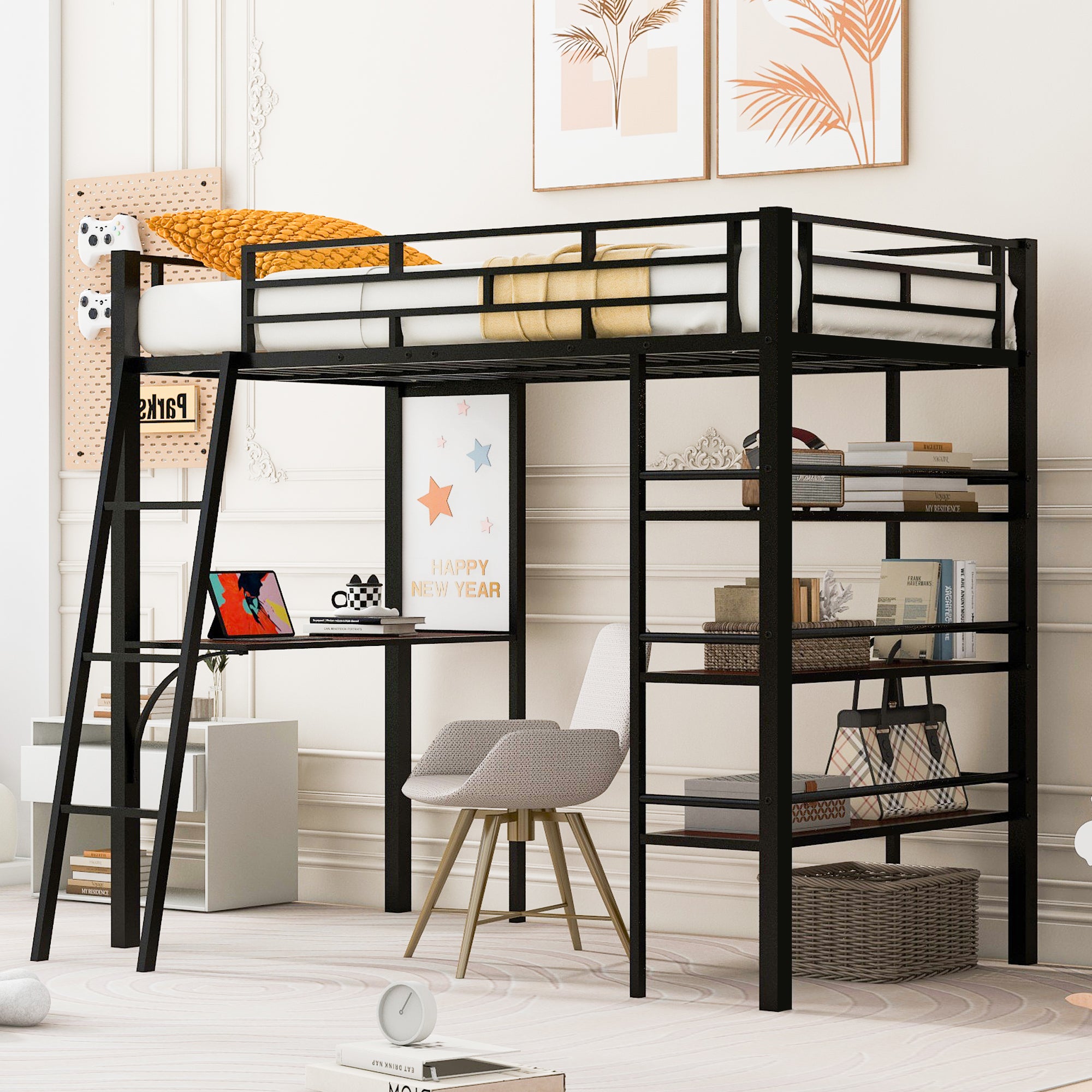 Black Twin Loft Metal Bed w/ Desk, 3 Shelves & Whiteboard