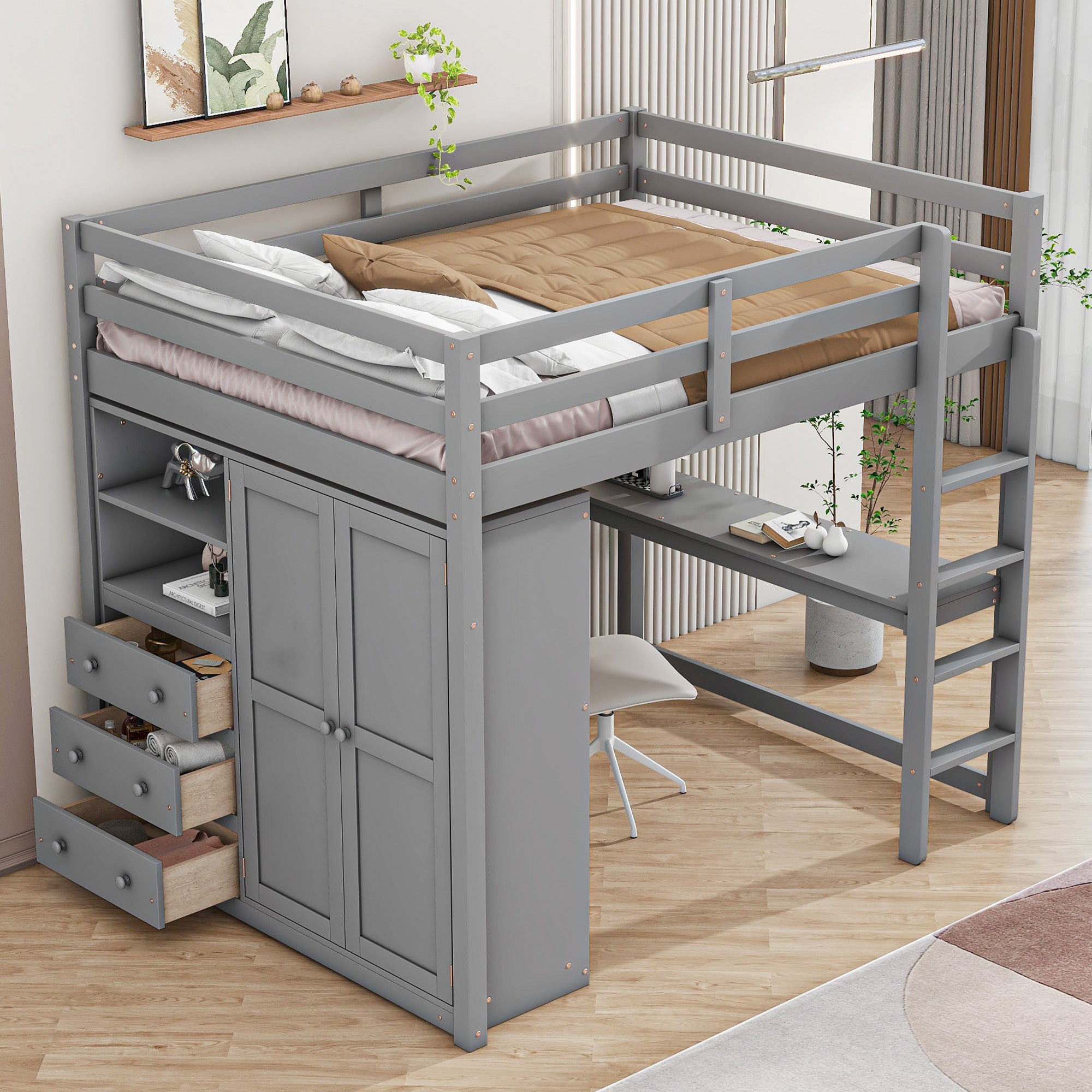 Full Size Wood Loft Bed with Wardrobe, Desk & Storage - Gray