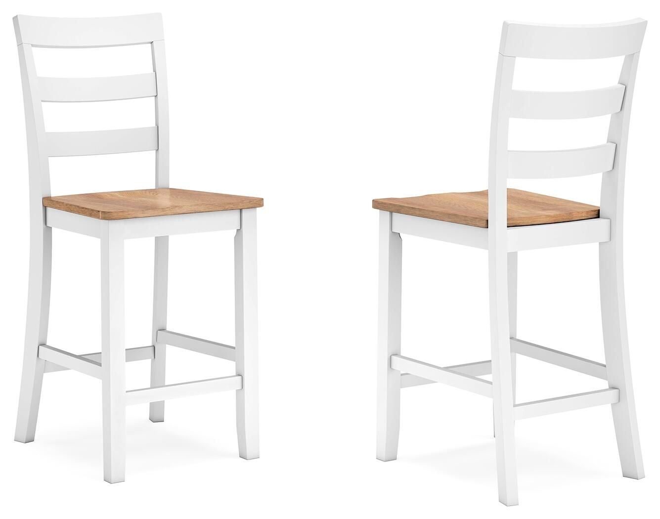 White barstool set of 2 with slatted backrest and square wooden seat