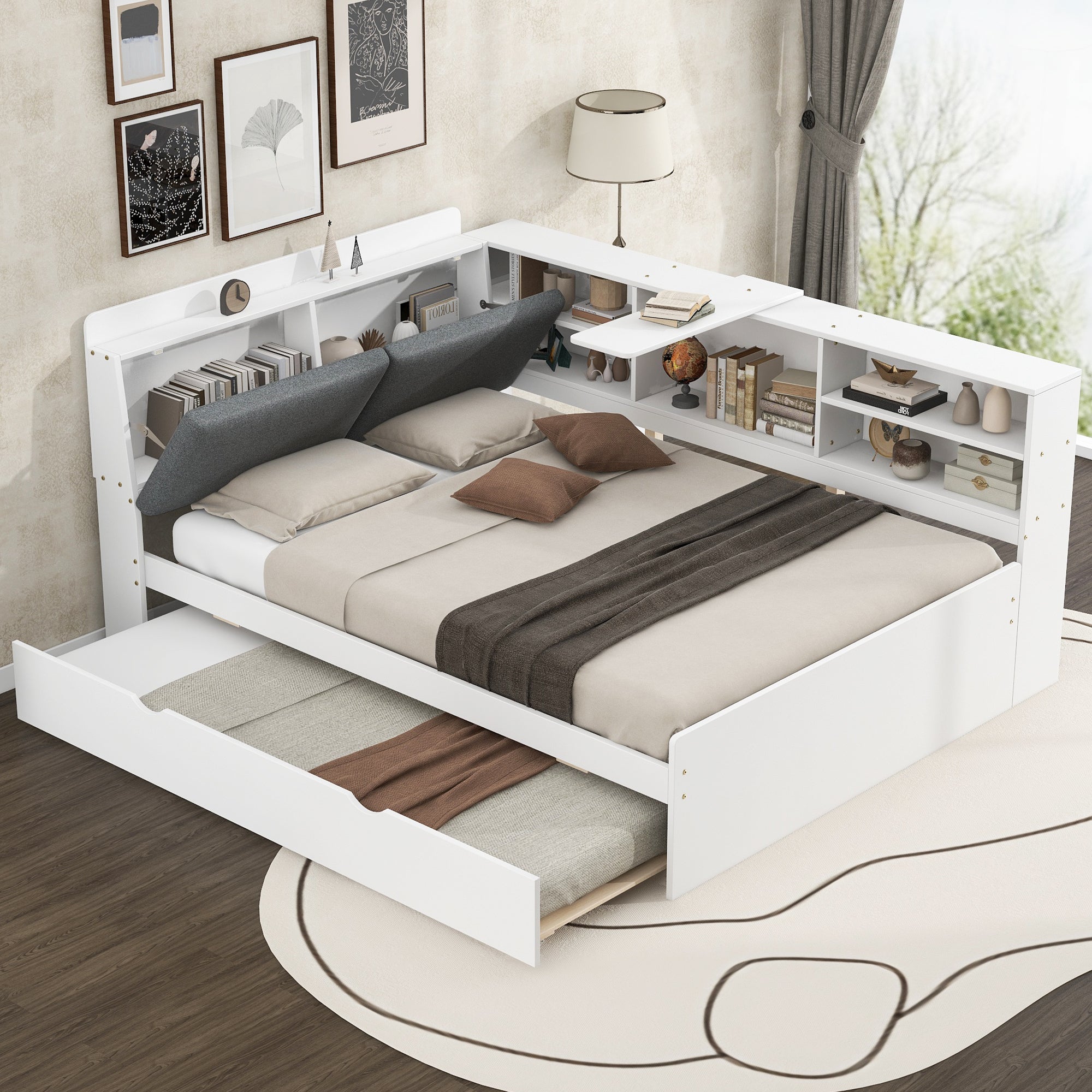 White Wood Full Size Platform Bed: Trundle, Storage Headboard & Shelves