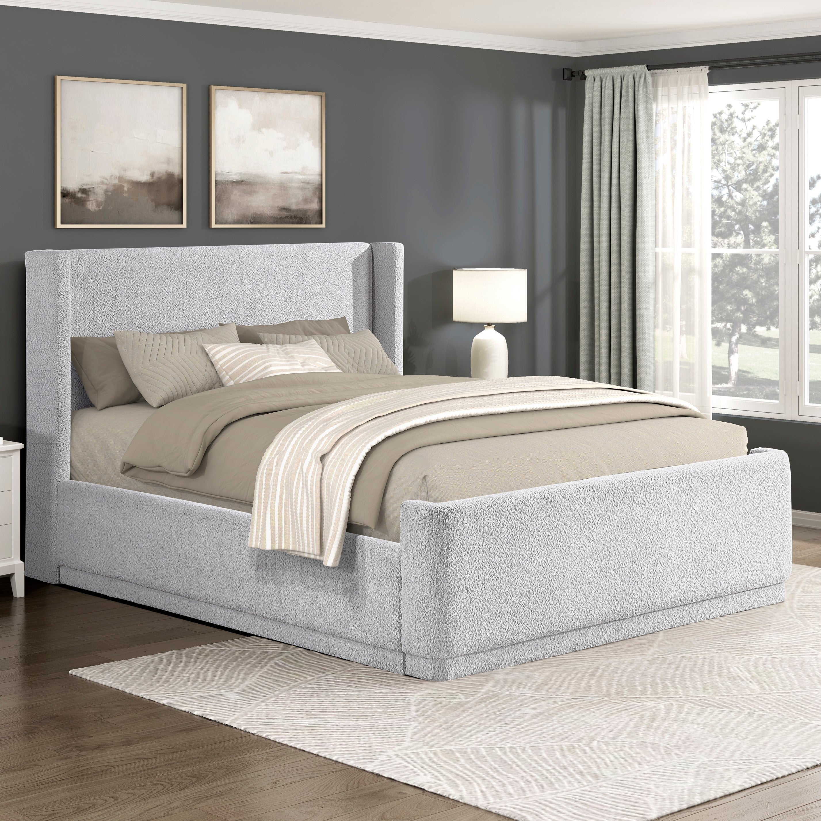 Light Gray Elegant Queen Platform Bed Wingback Headboard Plywood Frame