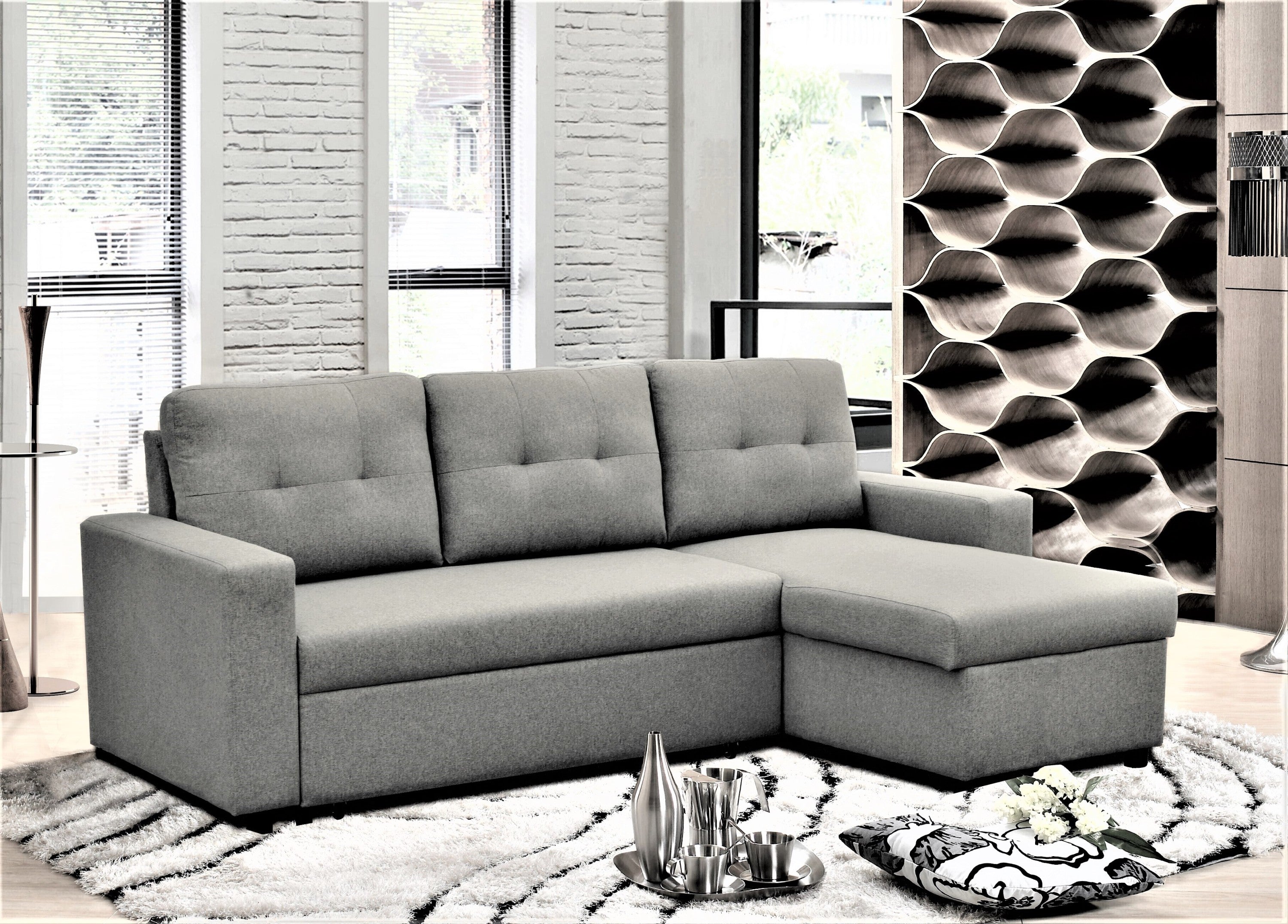 Grey Convertible L-Shaped Sleeper Sofa for Small Spaces