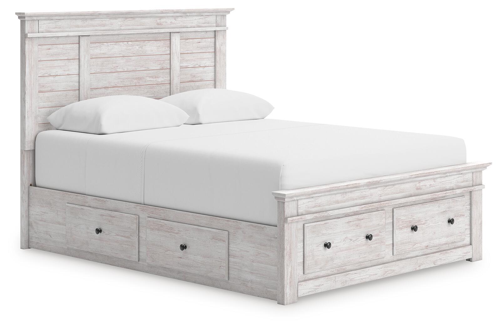 Panel storage bed with white mattress, light gray wood frame, two front storage drawers