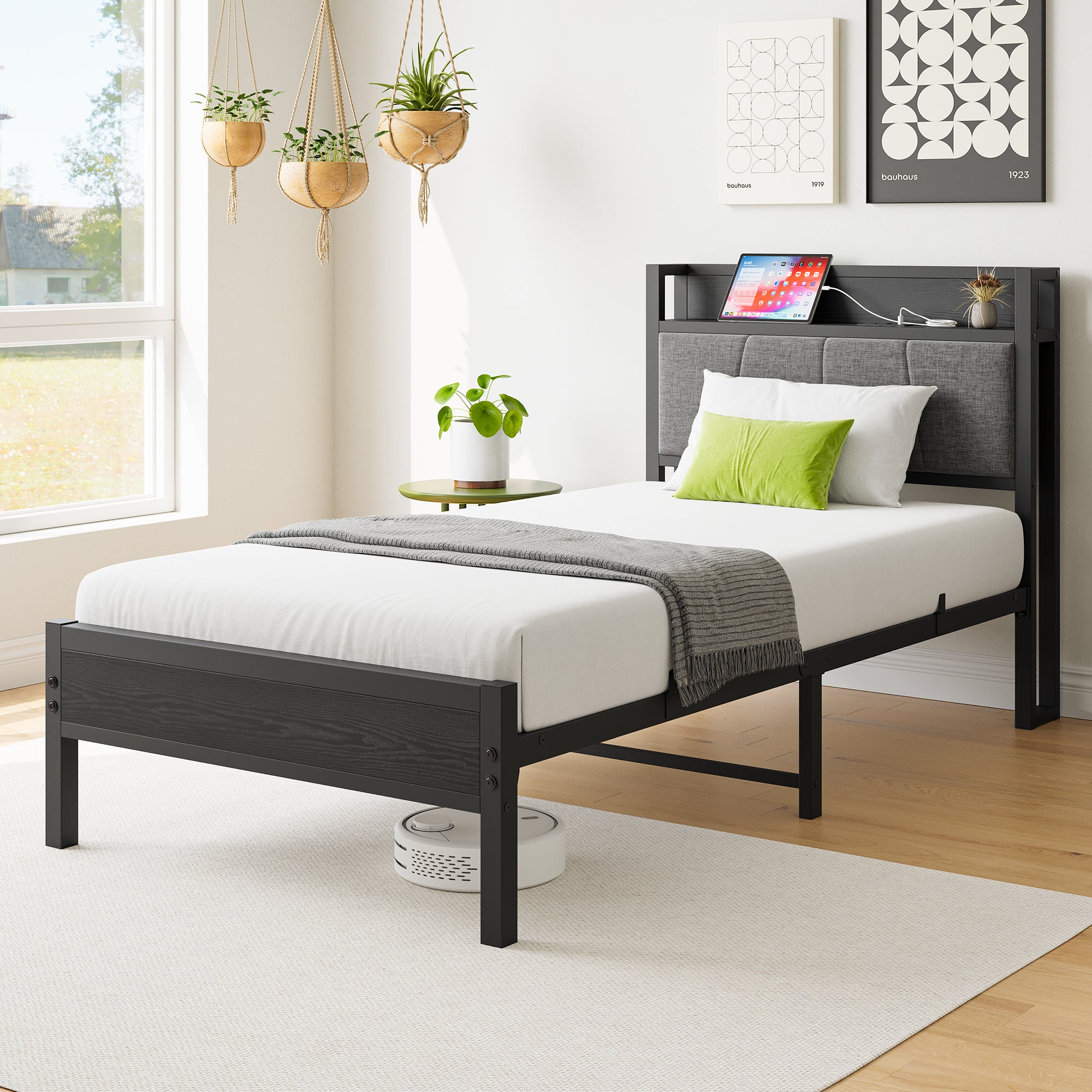 Twin Bed Frame, Storage Headboard with Charging Station, No Box Spring