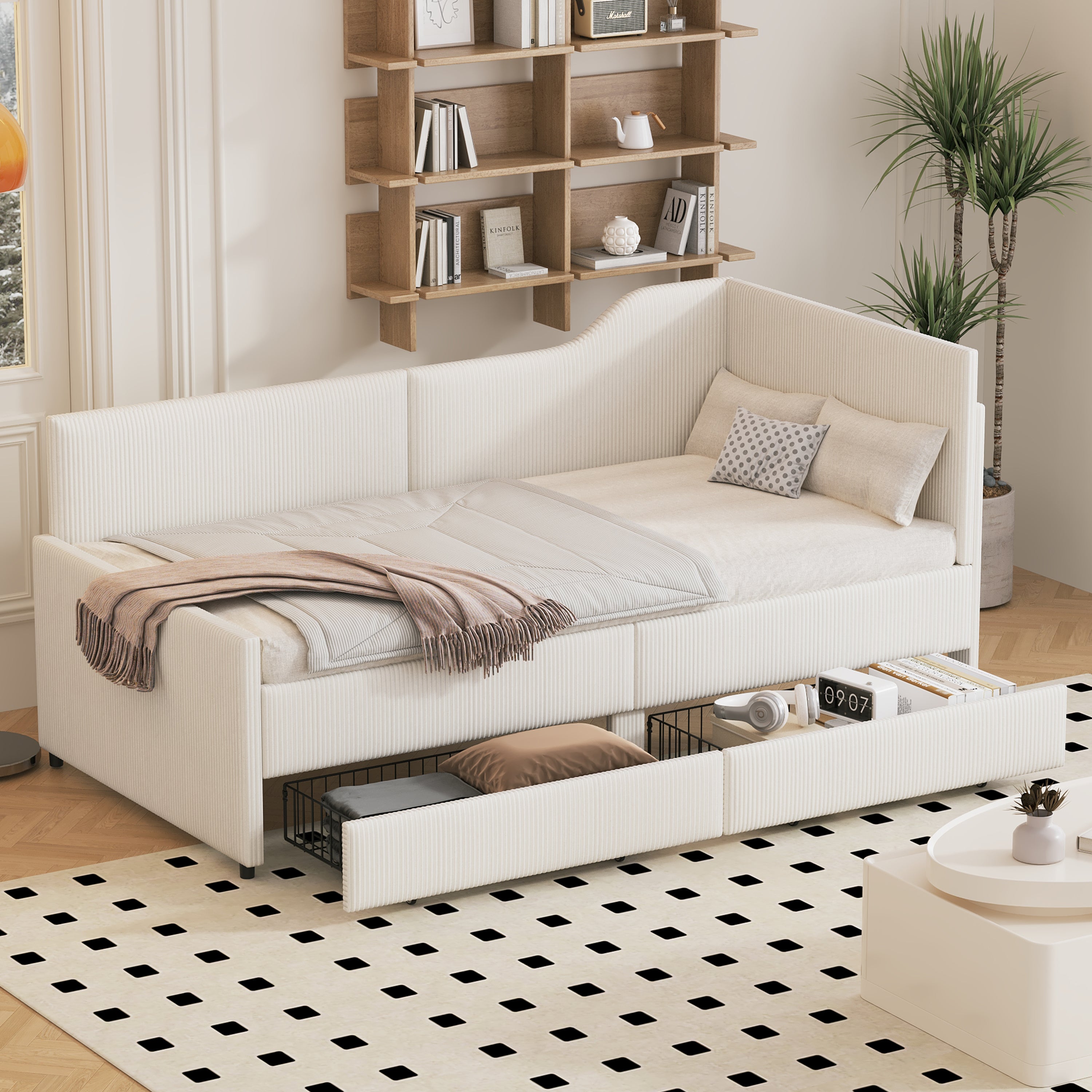 Twin L-Shaped Corduroy Daybed - Upholstered Frame & Storage Drawers